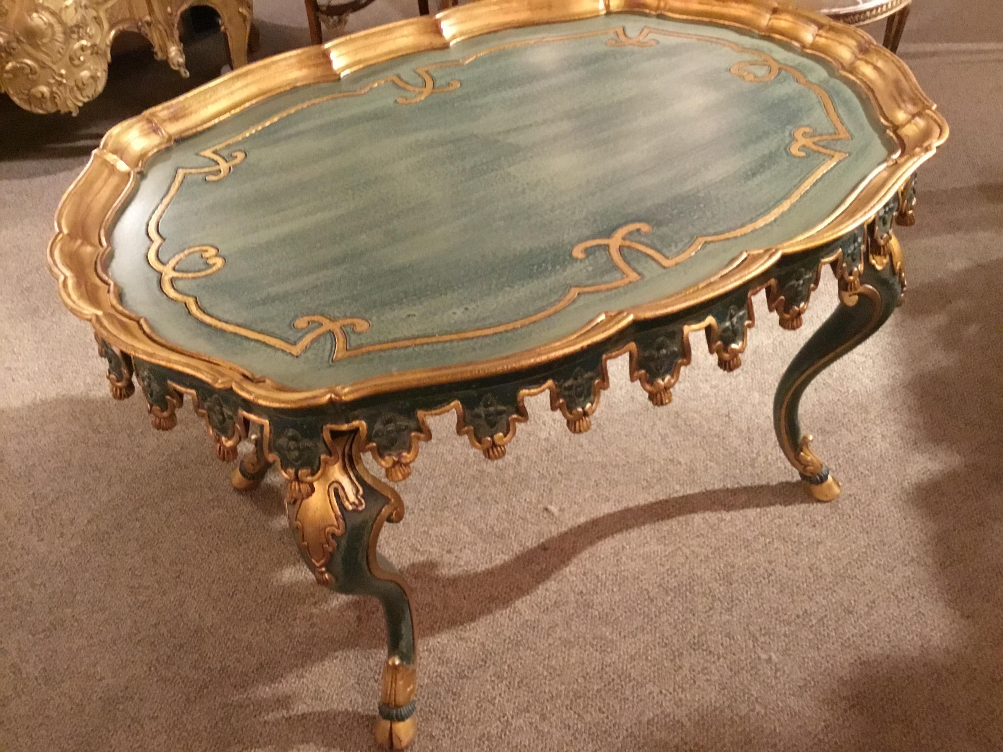 Hand-Painted Coffee or Cocktail Table, Italian, Oval Painted with Gold Gilt Trim