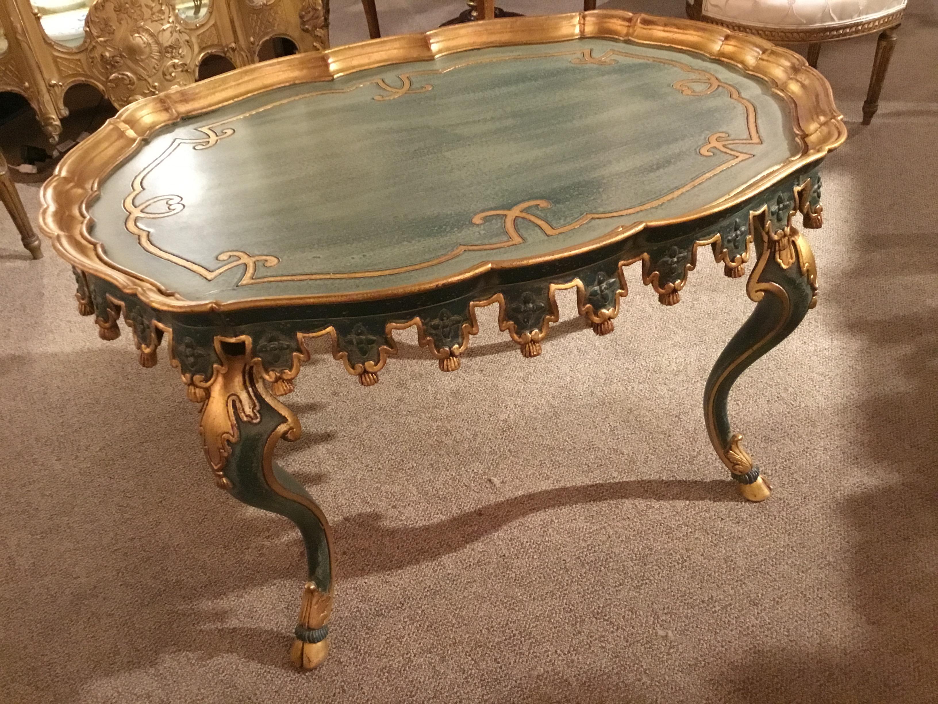 Hardwood Coffee or Cocktail Table, Italian, Oval Painted with Gold Gilt Trim
