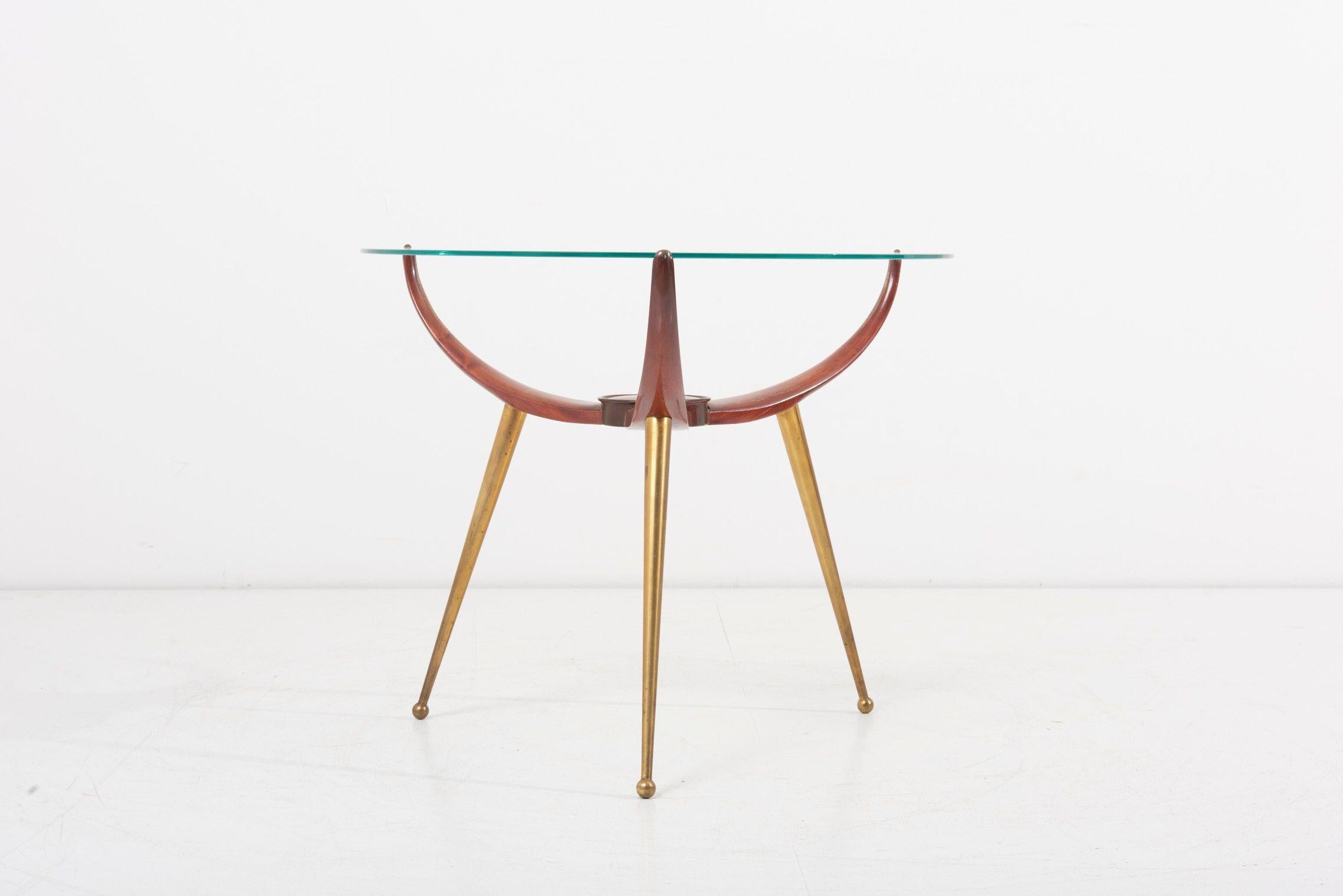 Italian Glass Top Coffee or Side Table, in Wood and Brass, Italy, 1950s