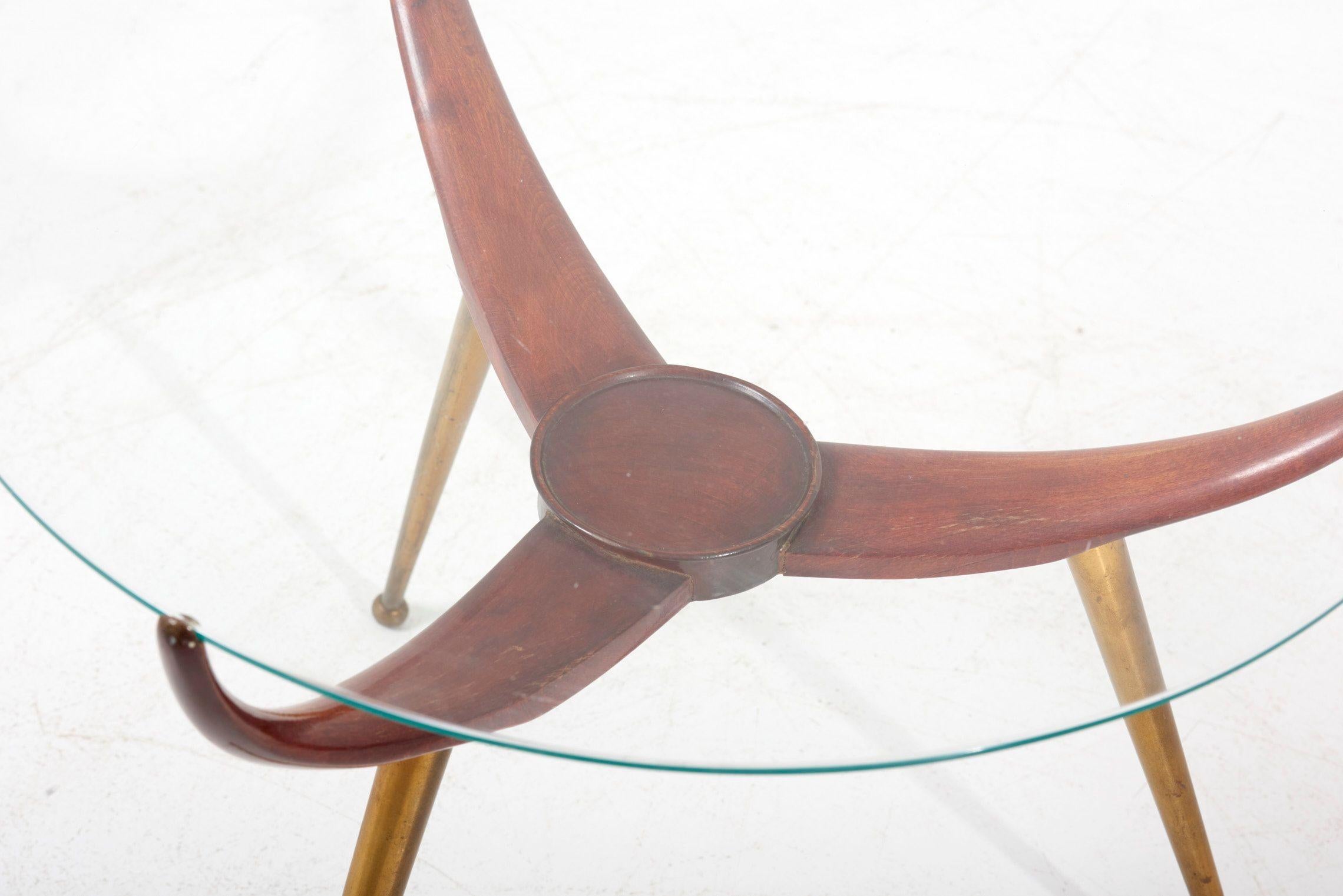 Glass Top Coffee or Side Table, in Wood and Brass, Italy, 1950s In Good Condition In Berlin, DE