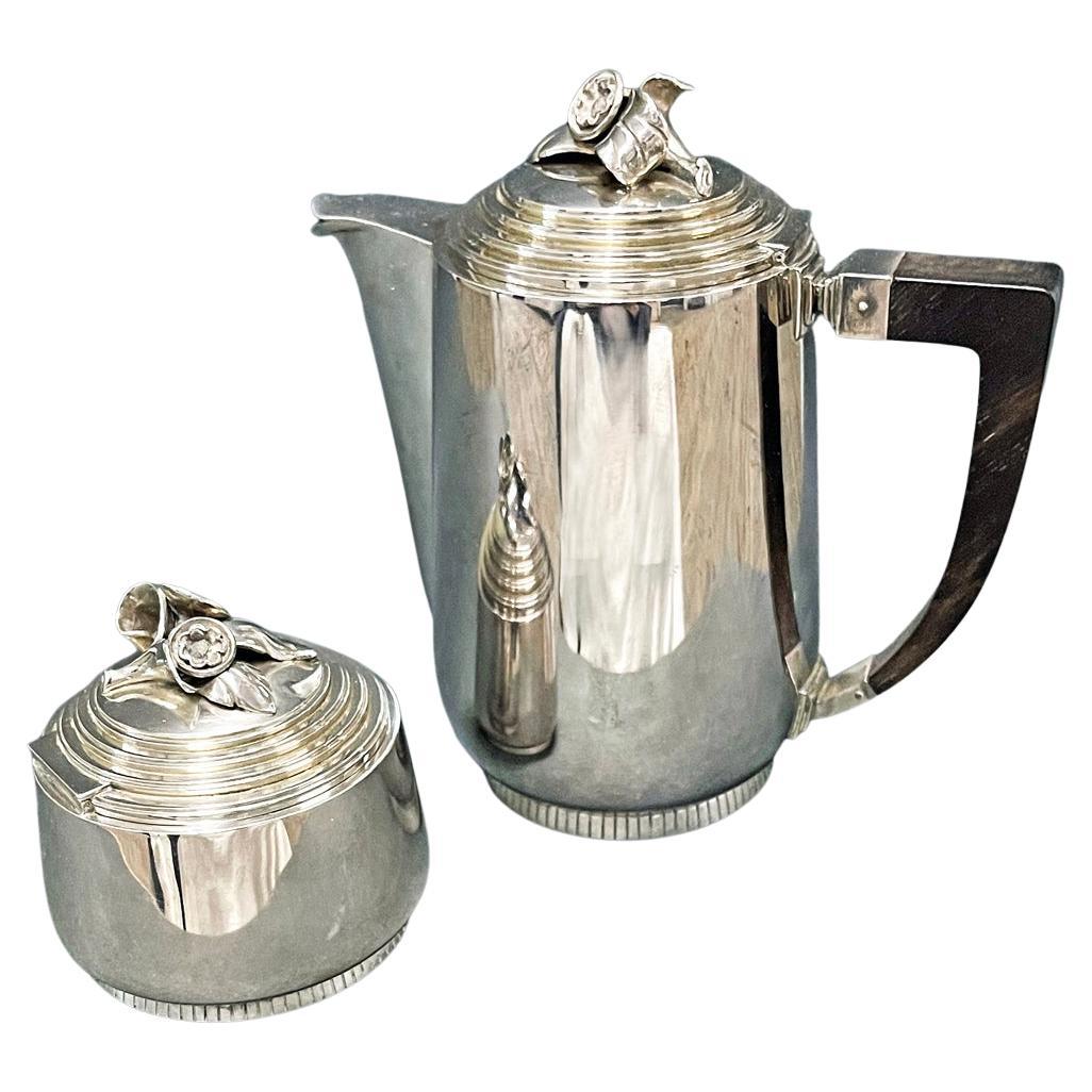 "Coffee Pot and Sugar Bowl, " Art Deco Pieces by Atelier Borgila, Sterling Silver For Sale