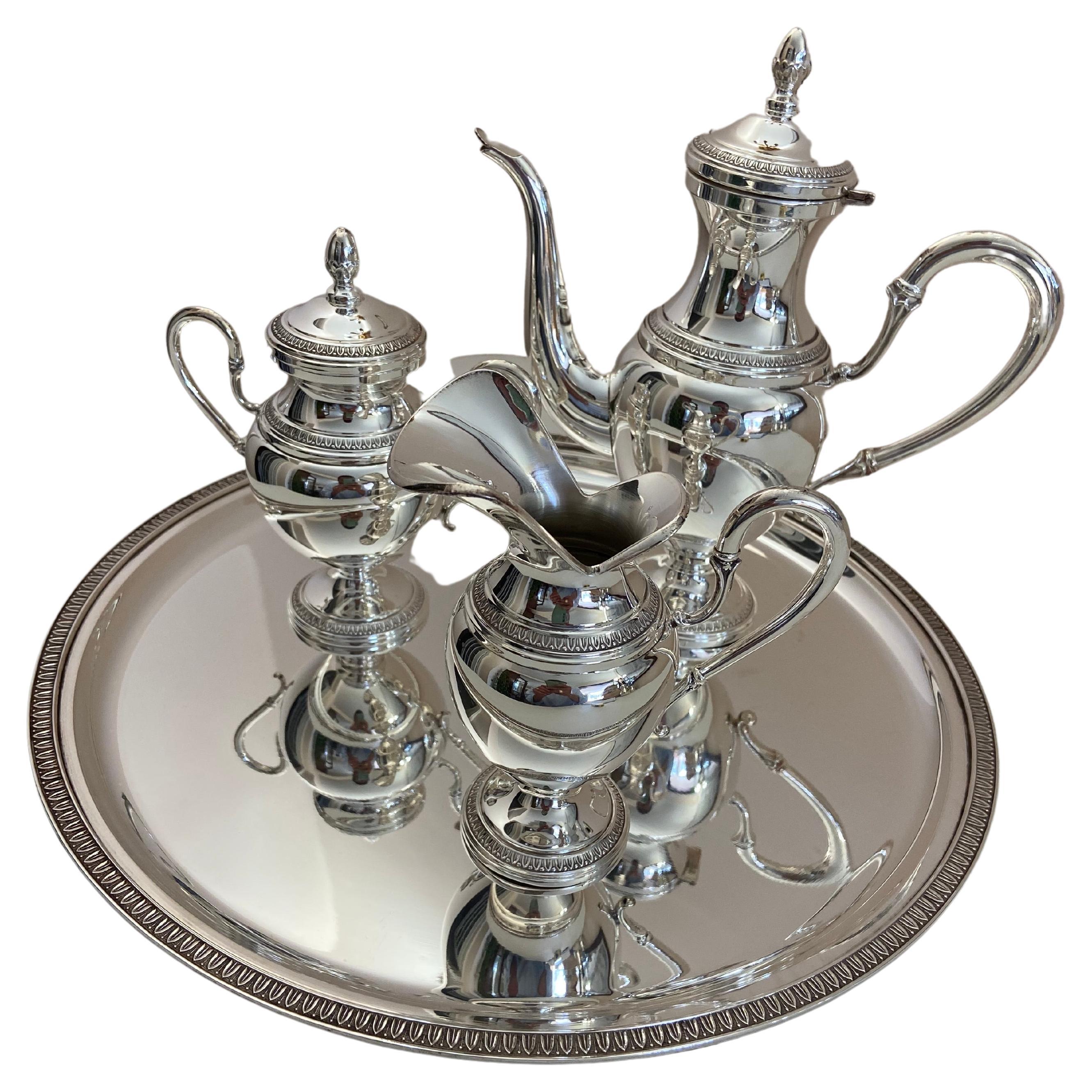 Coffee Set 3 Pcs Plus Tray, All in 800 Silver For Sale