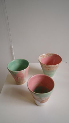 Japanese Inspired Colourful in Green Pink and Beige Handmade Coffee Cup