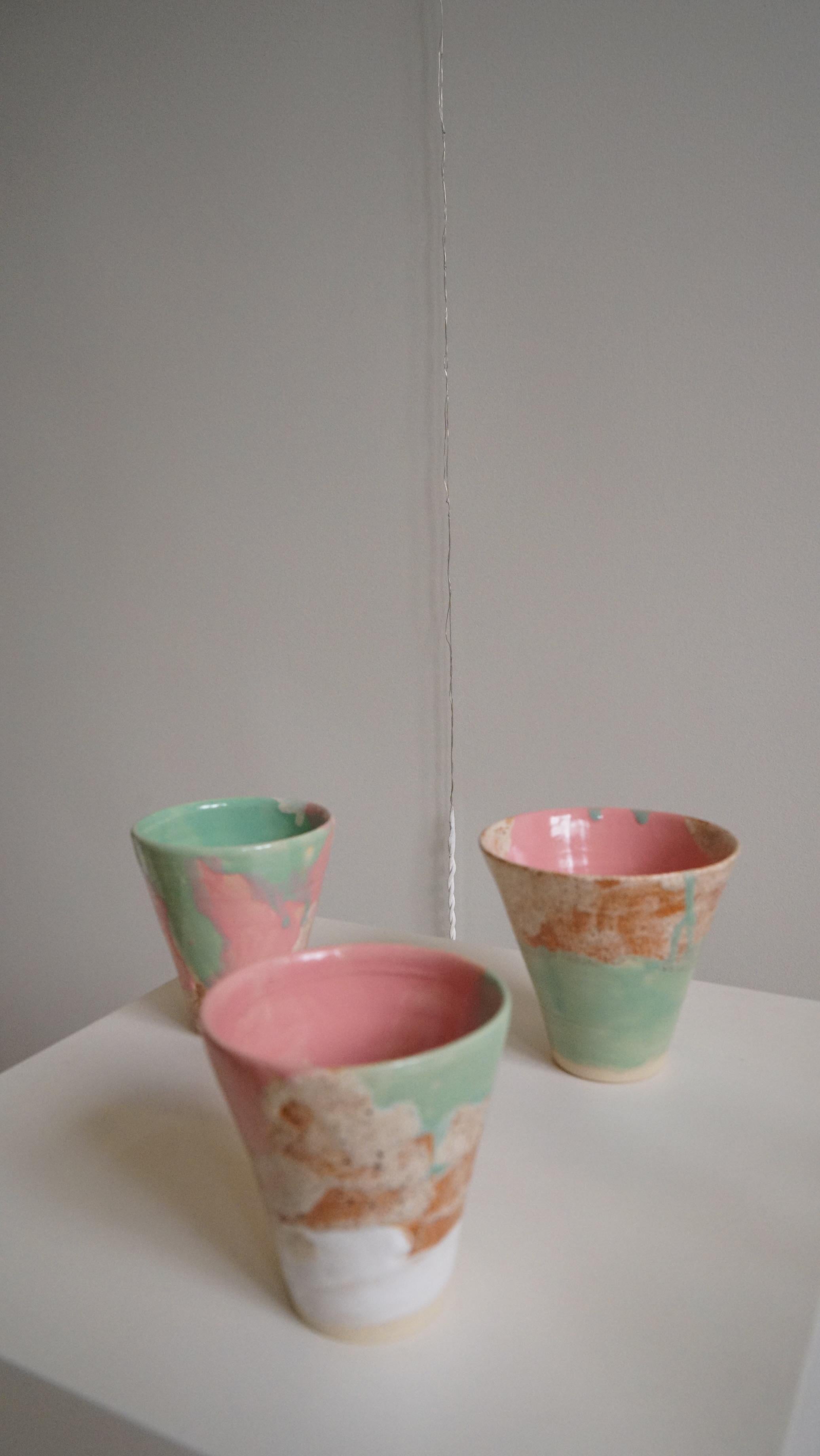 Anglo-Japanese Japanese Inspired Colourful in Green Pink and Beige Handmade Coffee Cup For Sale