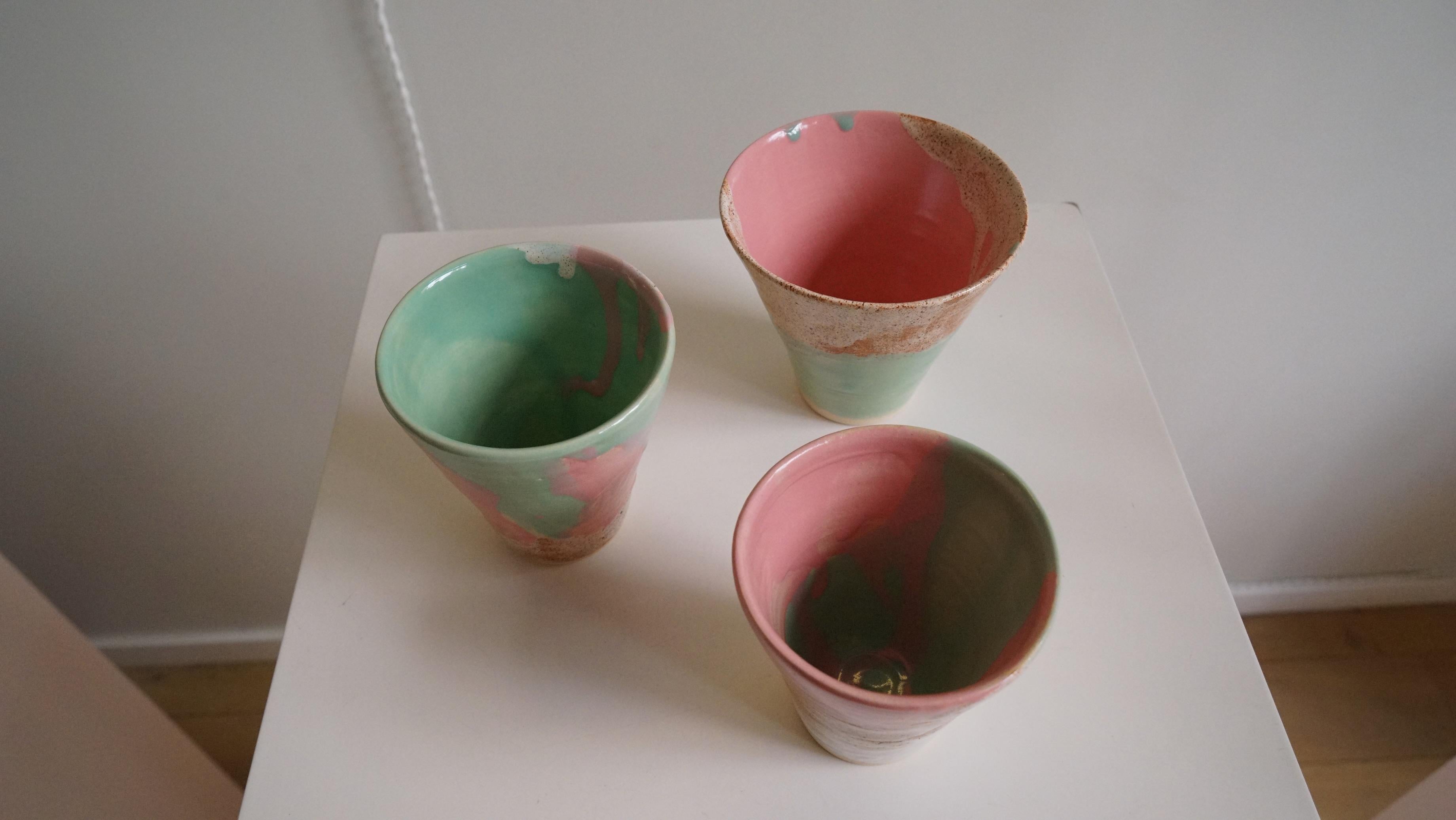 European Japanese Inspired Colourful in Green Pink and Beige Handmade Coffee Cup For Sale