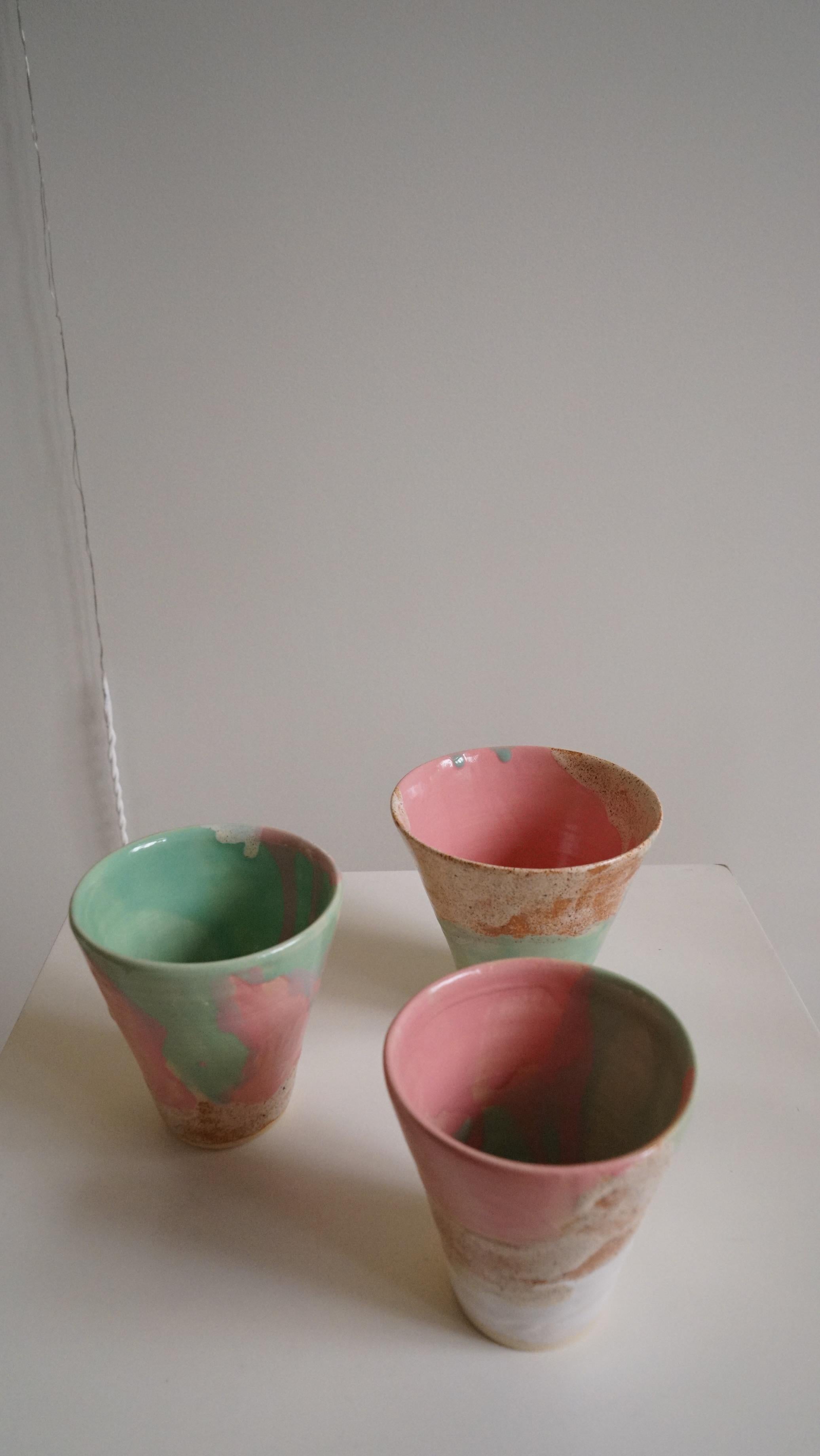Hand-Crafted Japanese Inspired Colourful in Green Pink and Beige Handmade Coffee Cup For Sale