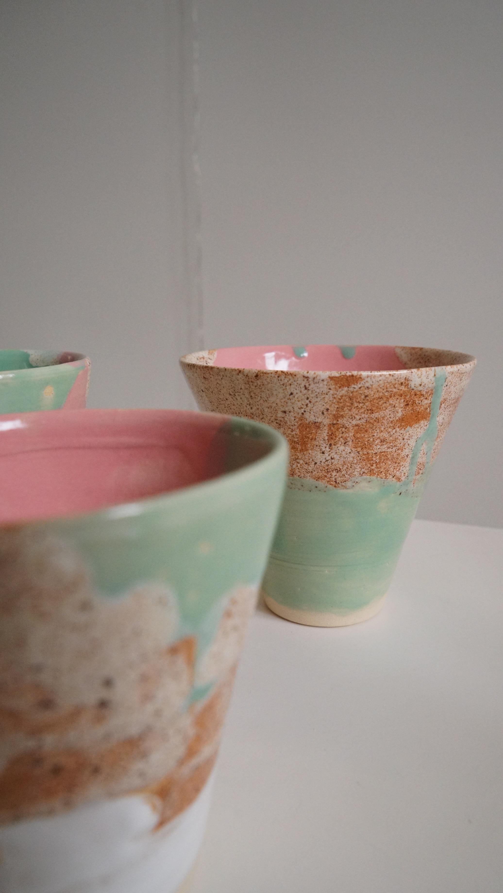 Japanese Inspired Colourful in Green Pink and Beige Handmade Coffee Cup In New Condition For Sale In BARCELONA, ES