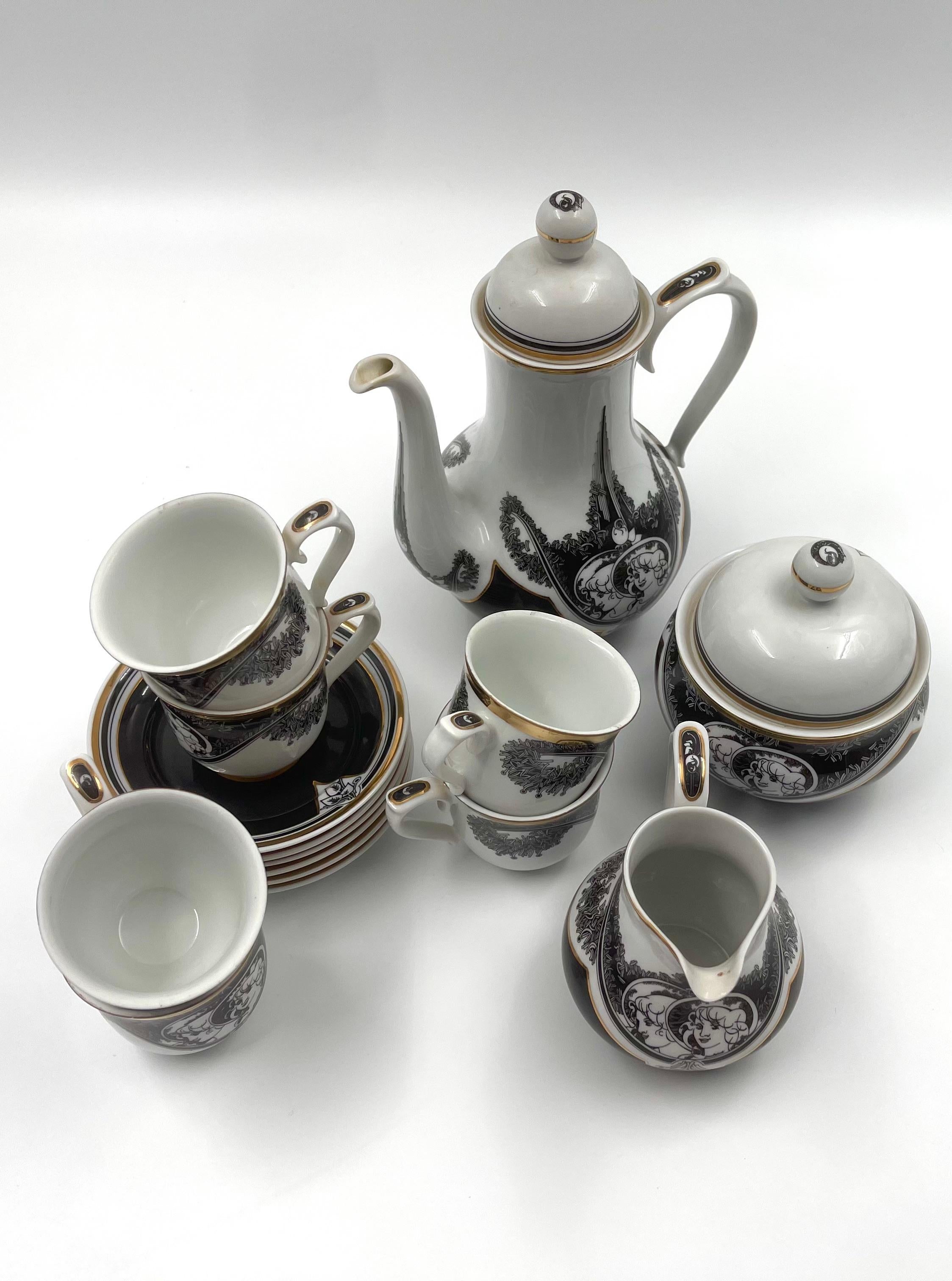 The coffee set designed by László Jurcsák for Hollóházi Manufacture of Hungary, is a 6-person collection. Production was limited, and only a few pieces were made available for purchase. This rare set presents a great opportunity for collectors to
