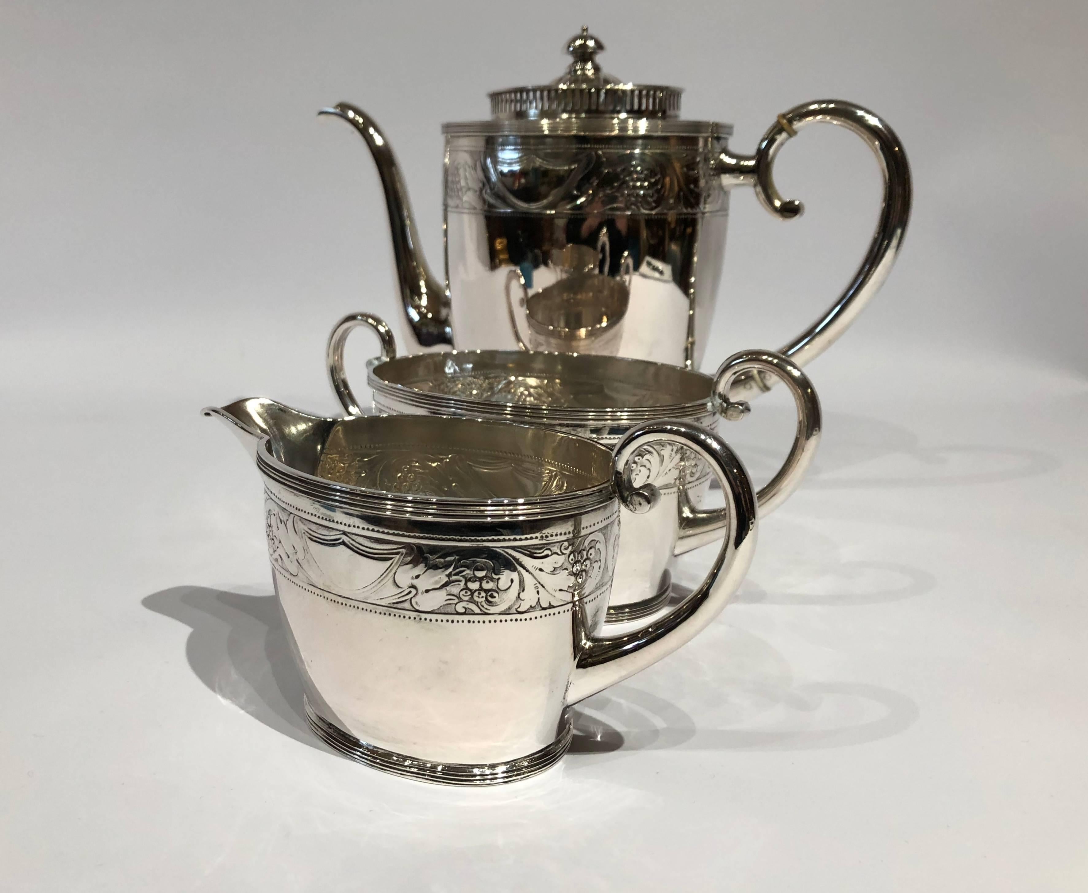 Other Coffee Set of Coffee Jug, Sugar Bowl, Cream Jug with Chasings, Hallmarked Silver For Sale