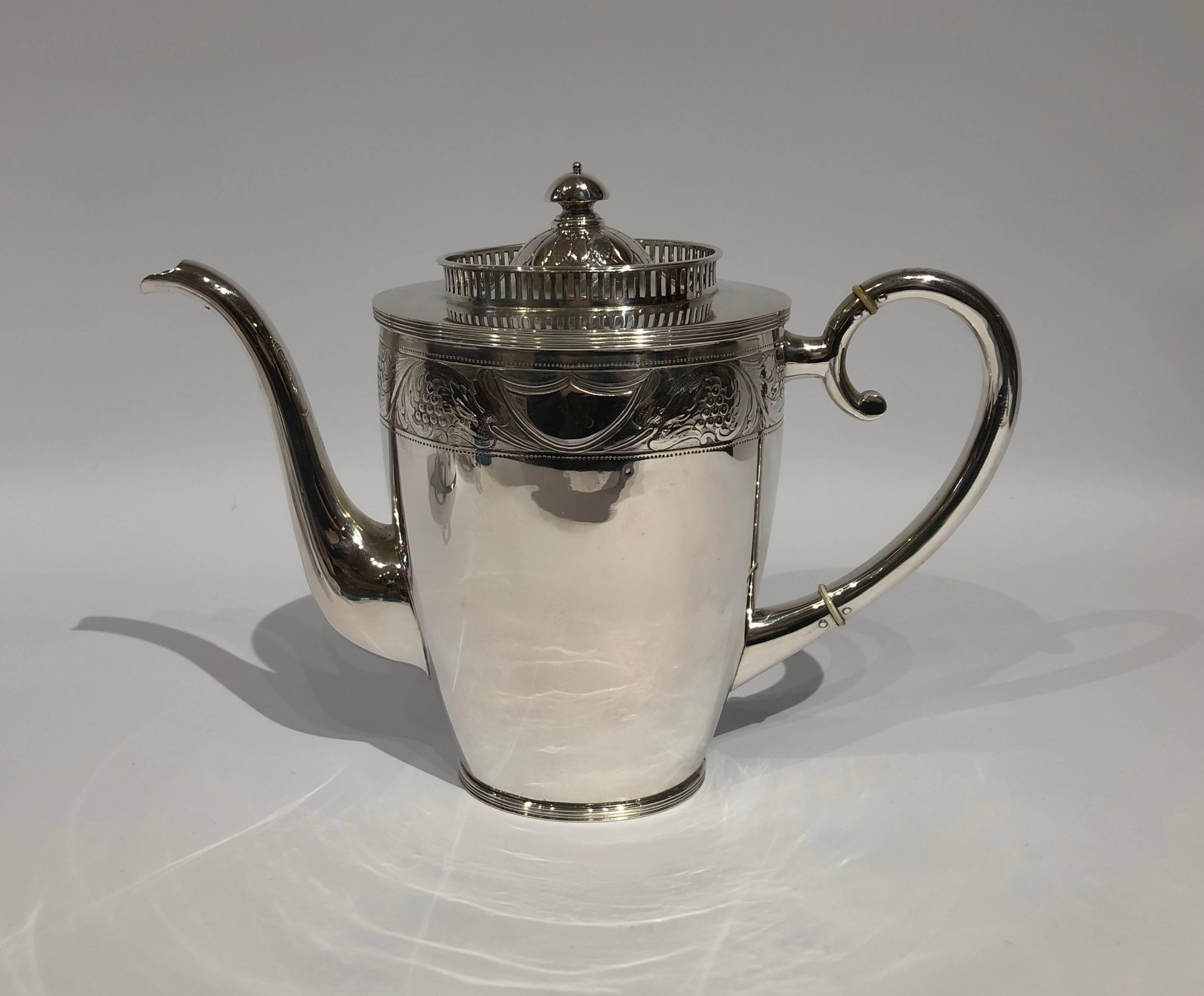 Danish Coffee Set of Coffee Jug, Sugar Bowl, Cream Jug with Chasings, Hallmarked Silver For Sale