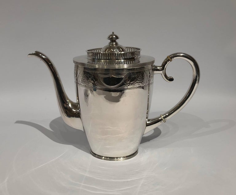 Coffee Set of Coffee Jug, Sugar Bowl, Cream Jug with Chasings, Hallmarked Silver For Sale at 1stDibs