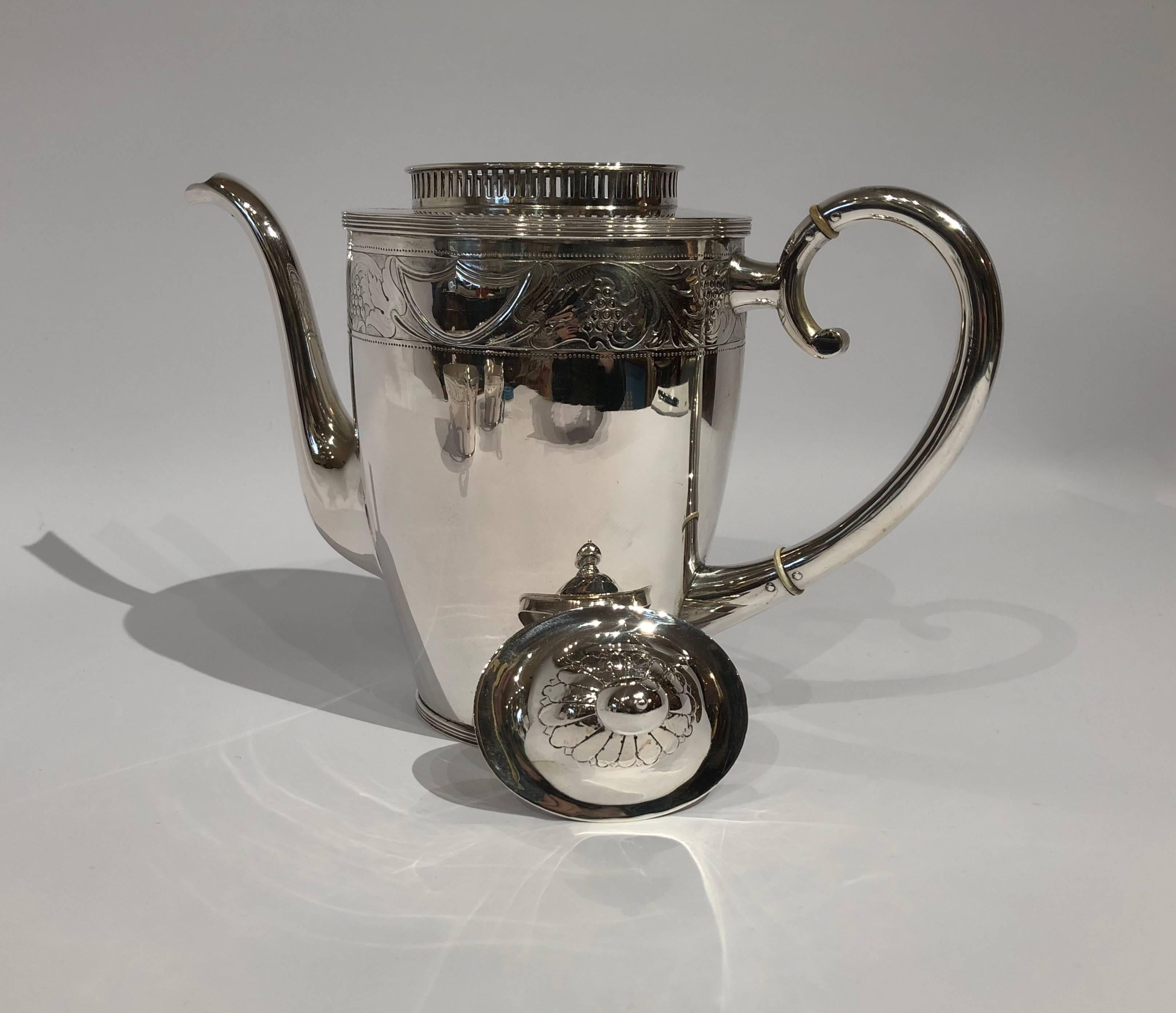 Early 20th Century Coffee Set of Coffee Jug, Sugar Bowl, Cream Jug with Chasings, Hallmarked Silver For Sale