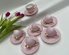 Coffee Set Vintage Tuscan England Bone China Pale Pink Enamel Gold Plate 1960s