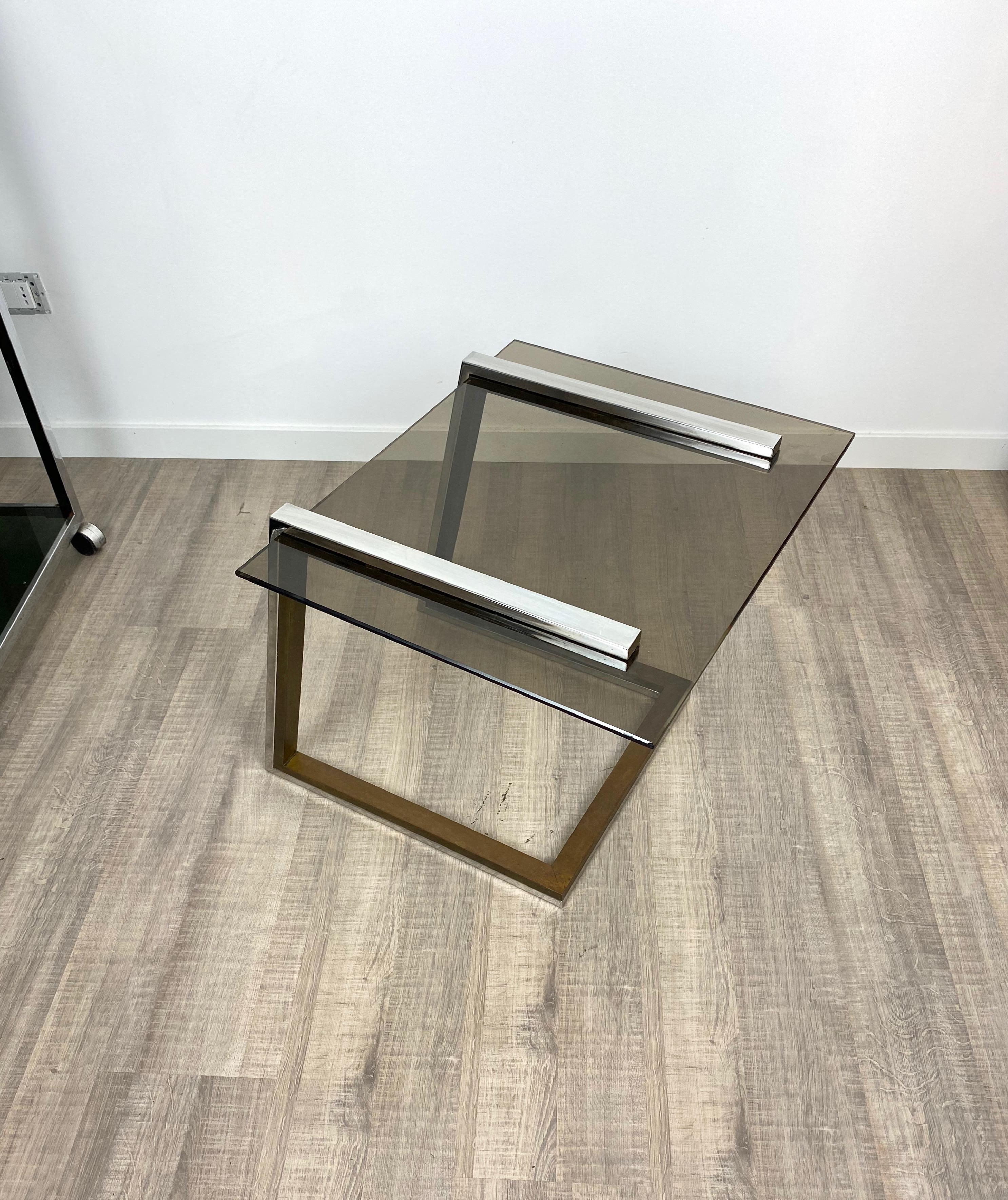 Mid-Century Modern Coffee Side Table Brass Chrome and Smoked Glass Italy 1970s Romeo Rega style For Sale