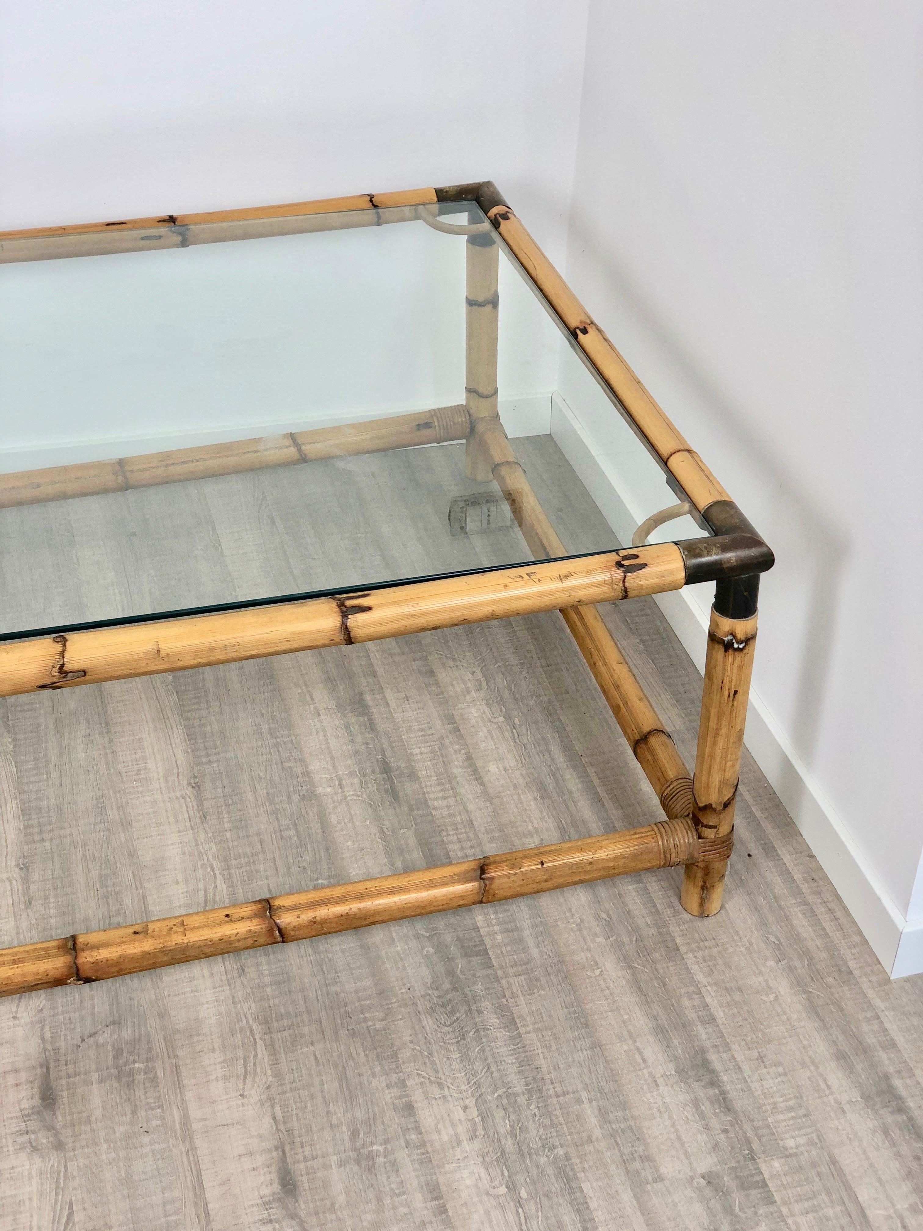 Italian Coffee Side Table in Bamboo, Glass and Brass, Italy, 1960s For Sale