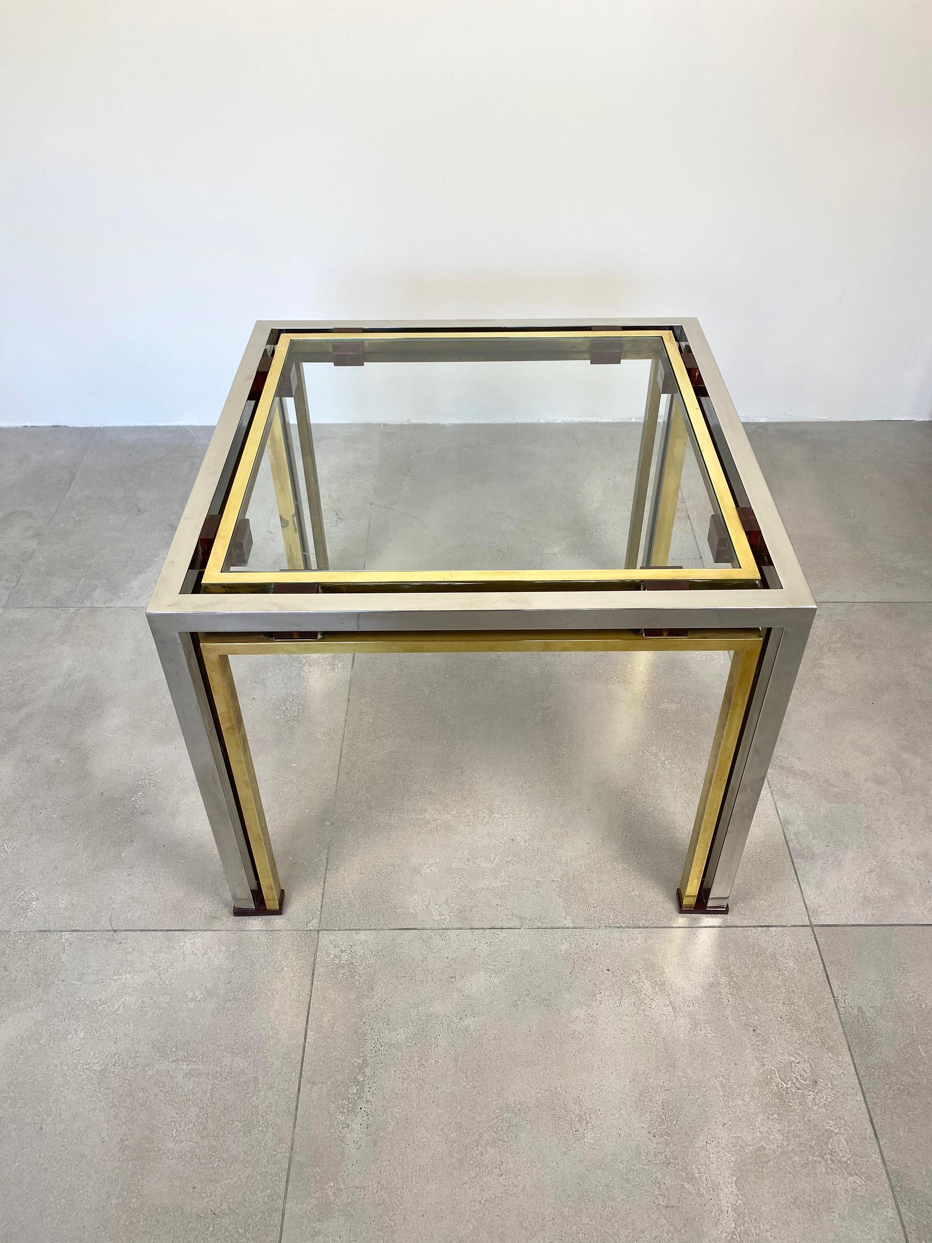 Coffee side table by the Italian designer Romeo Rega in chrome, Lucite and brass, Italy, 1970s.