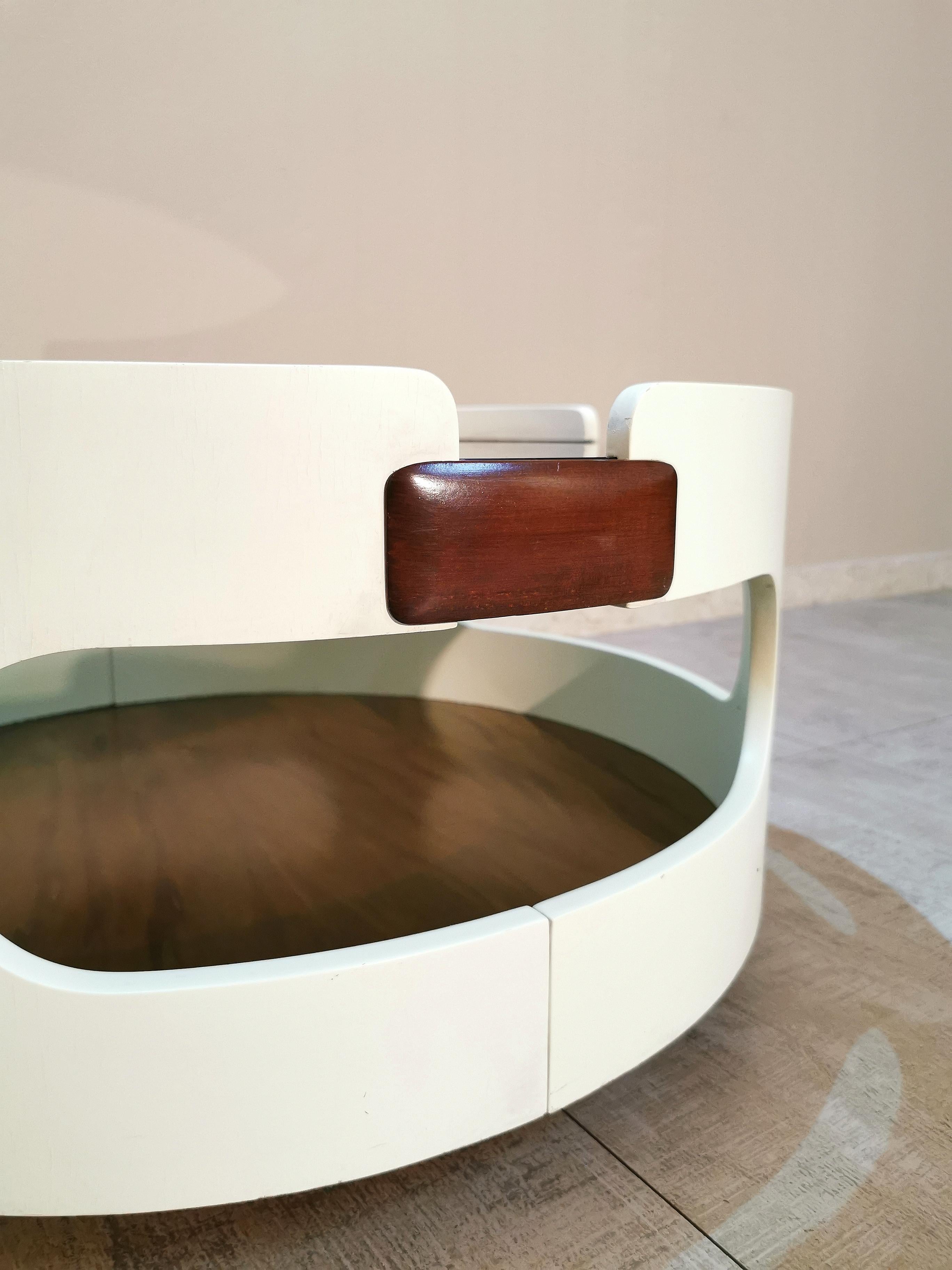 Late 20th Century Coffee Sofa Table Smoked Glass Enameled White Brown Wood Italian Design 1970s