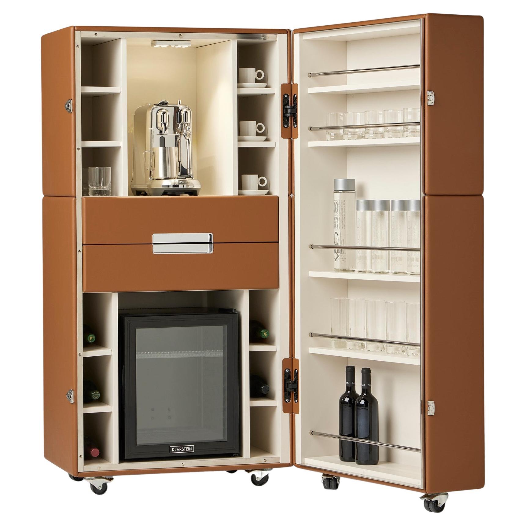 Coffee Station Cabinet in Custom Leather and Lacquer Finishes