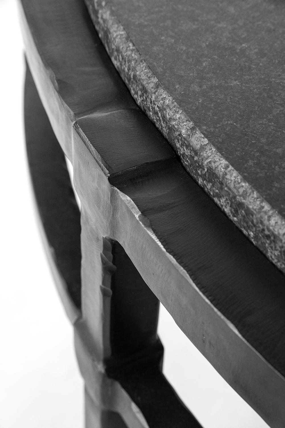Coffee Table Absolute-Black-Granite Modern Handmade Circle Blackened Steel Large For Sale 1