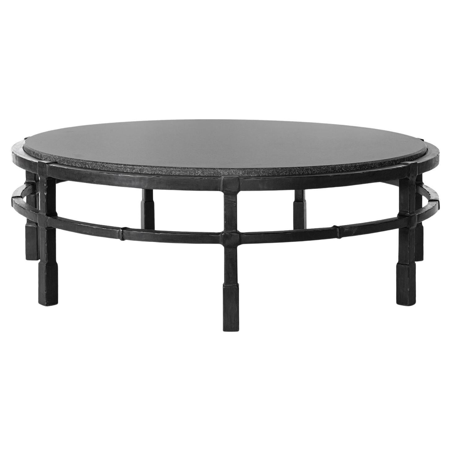 Couchtisch Absolute-Schwarz-Granit Modern Handgefertigter Kreis geschwärzter Stahl Groß