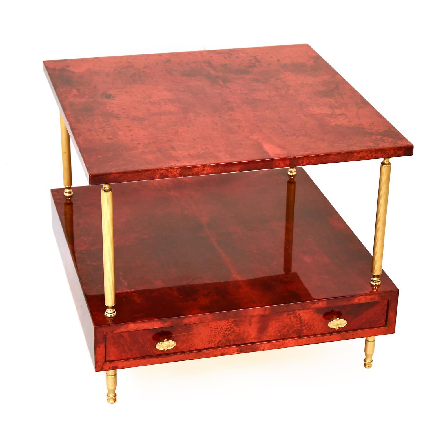 Mid-Century Modern Coffee Table Aldo Tura Red Goatskin, Italy 50's, Brass Mid-Century Signed For Sale