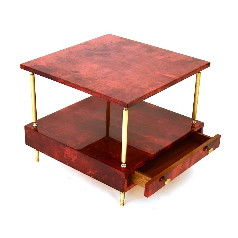 Coffee Table Aldo Tura Red Goatskin, Italy 50's, Brass Mid-Century Signed In Good Condition For Sale In Vienna, AT