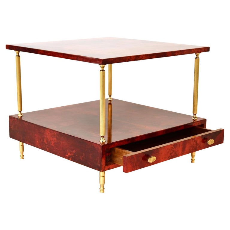 Coffee Table Aldo Tura Red Goatskin, Italy 50's, Brass Mid-Century Signed For Sale