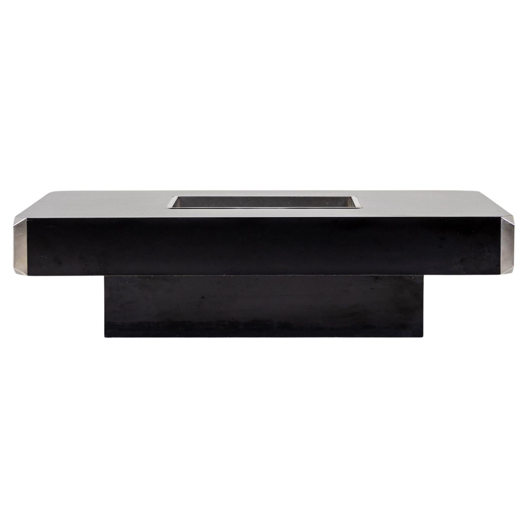 Black Coffee Table Alveo with stainless steel basin by Willy Rizzo, Italy 1970s