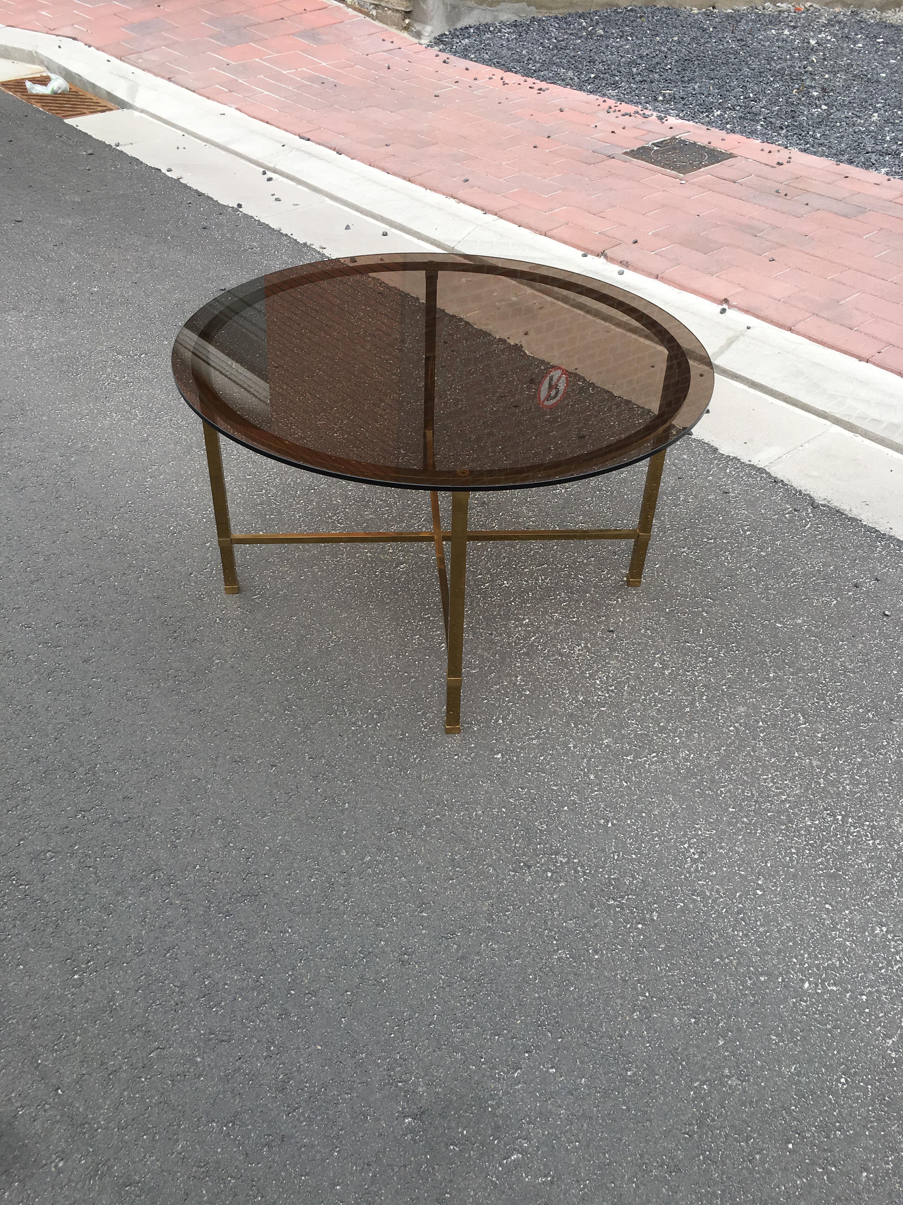 Brass Coffee table and  4 extra shelves in brass and glass smoked Maison Baguès style For Sale