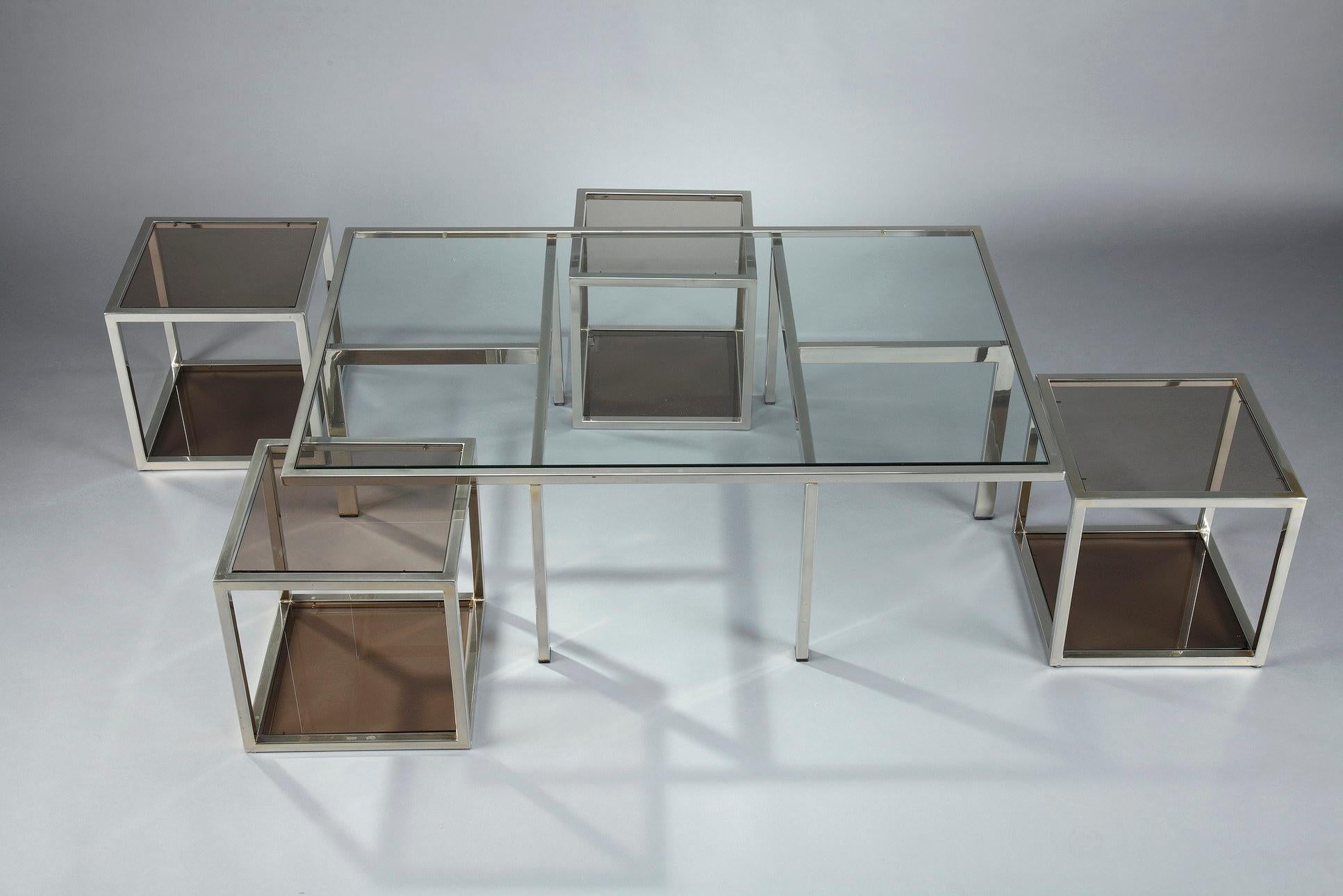 Chrome Coffee Table and 4 Removable Side Tables For Sale