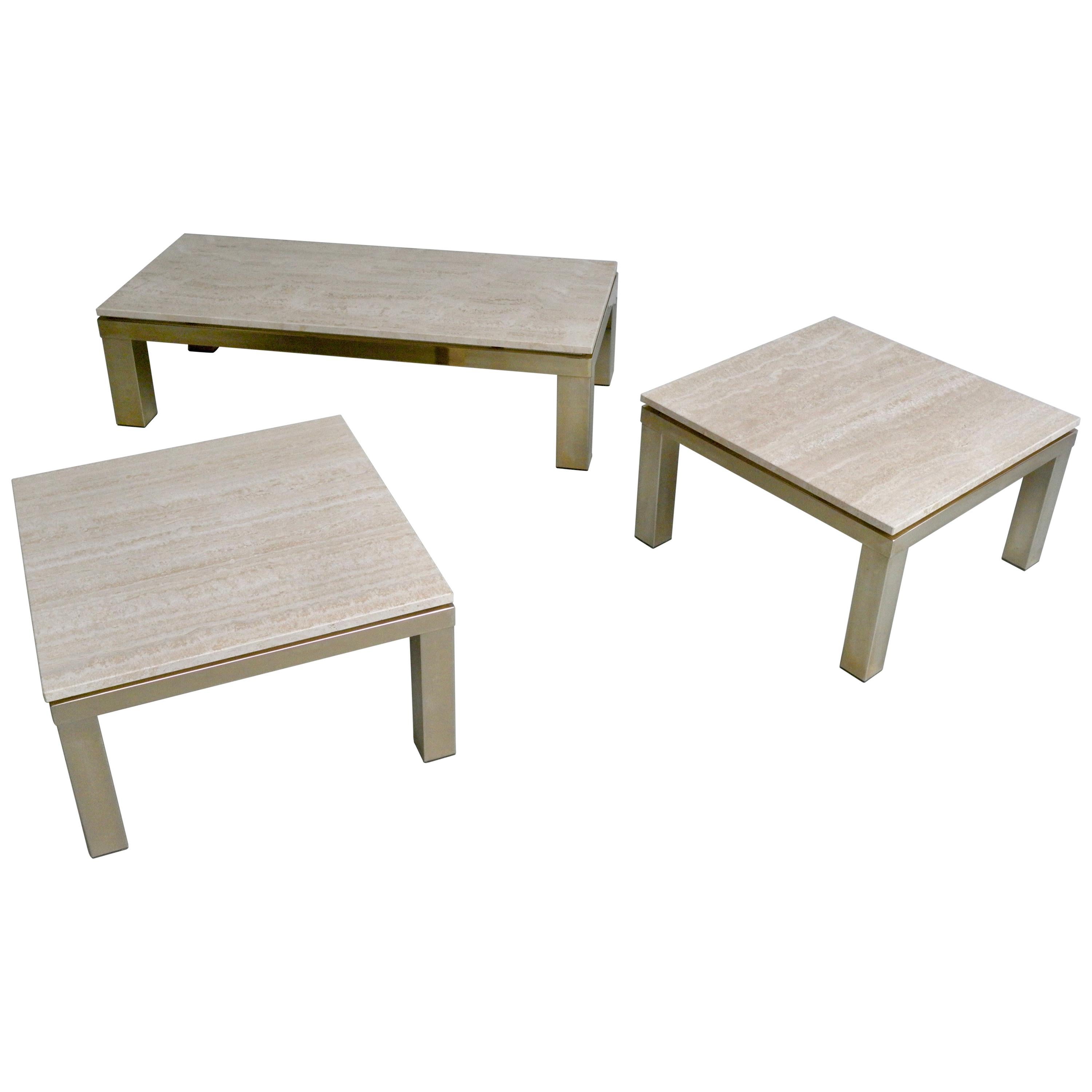 Coffee table and side tables, Travertine, Gold-Plated 23-Carat, by Belgo Chrome