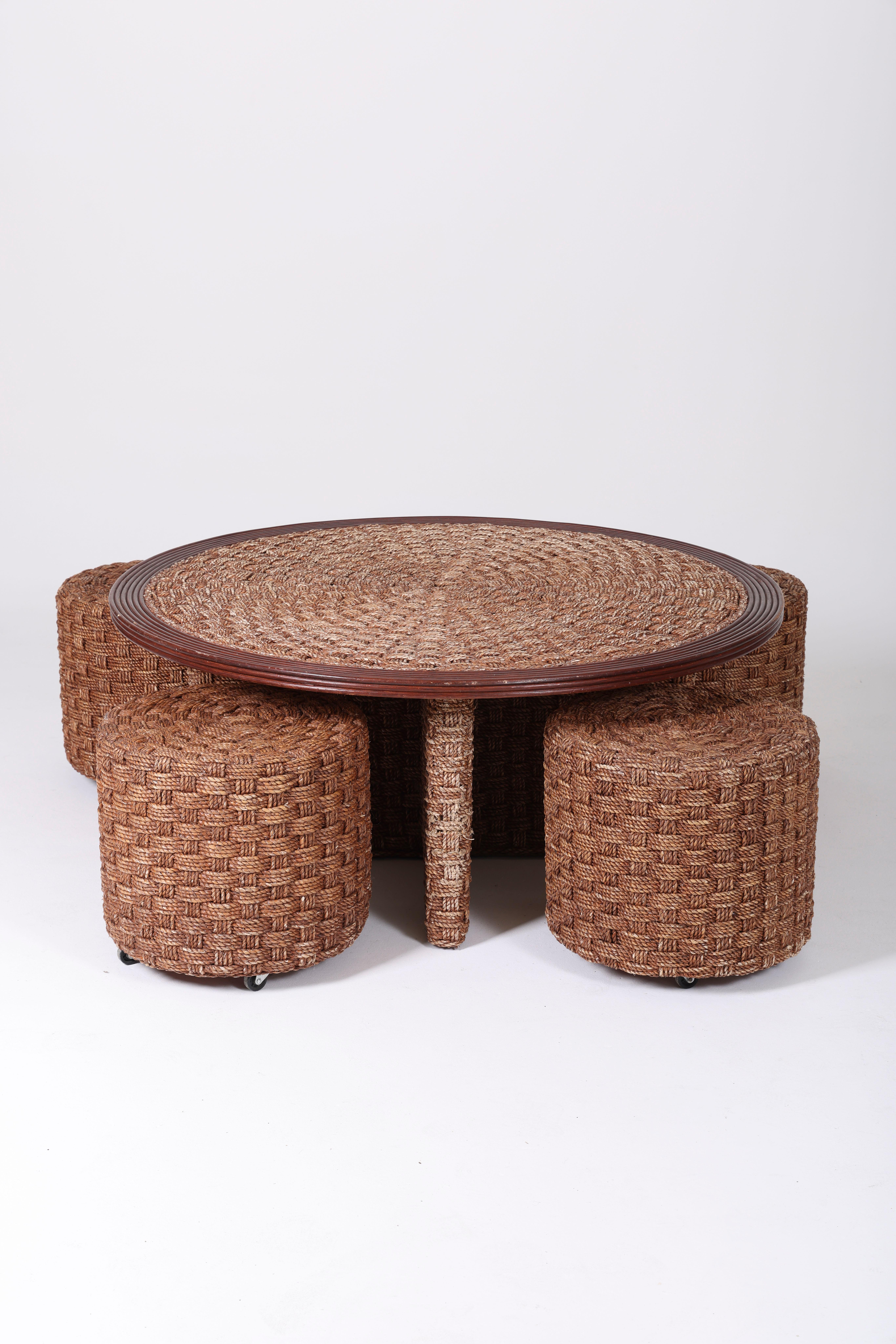 Coffee table and stools in woven rope and wood, mid-20th century For ...