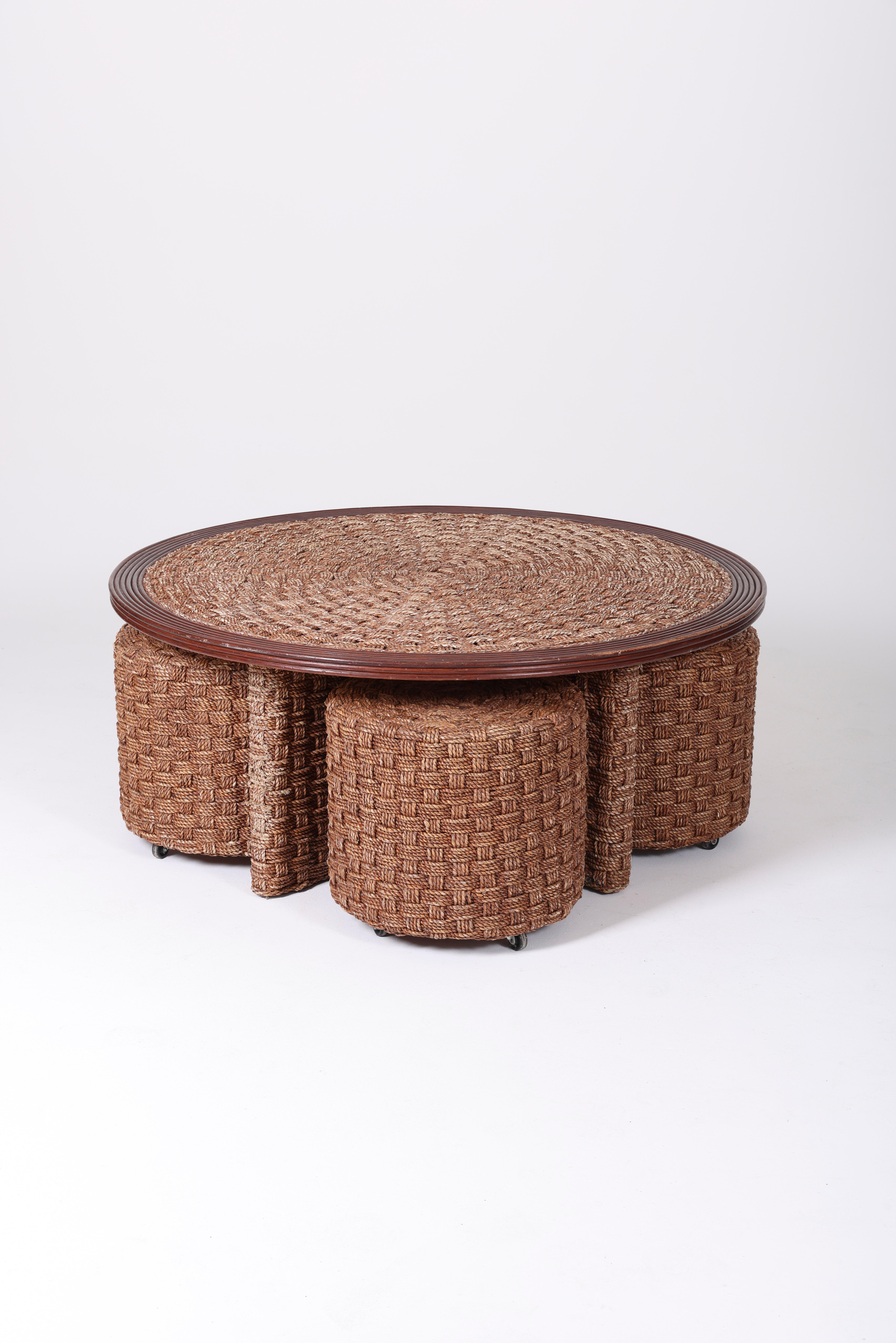 Coffee table and stools in woven rope and wood, mid-20th century For ...
