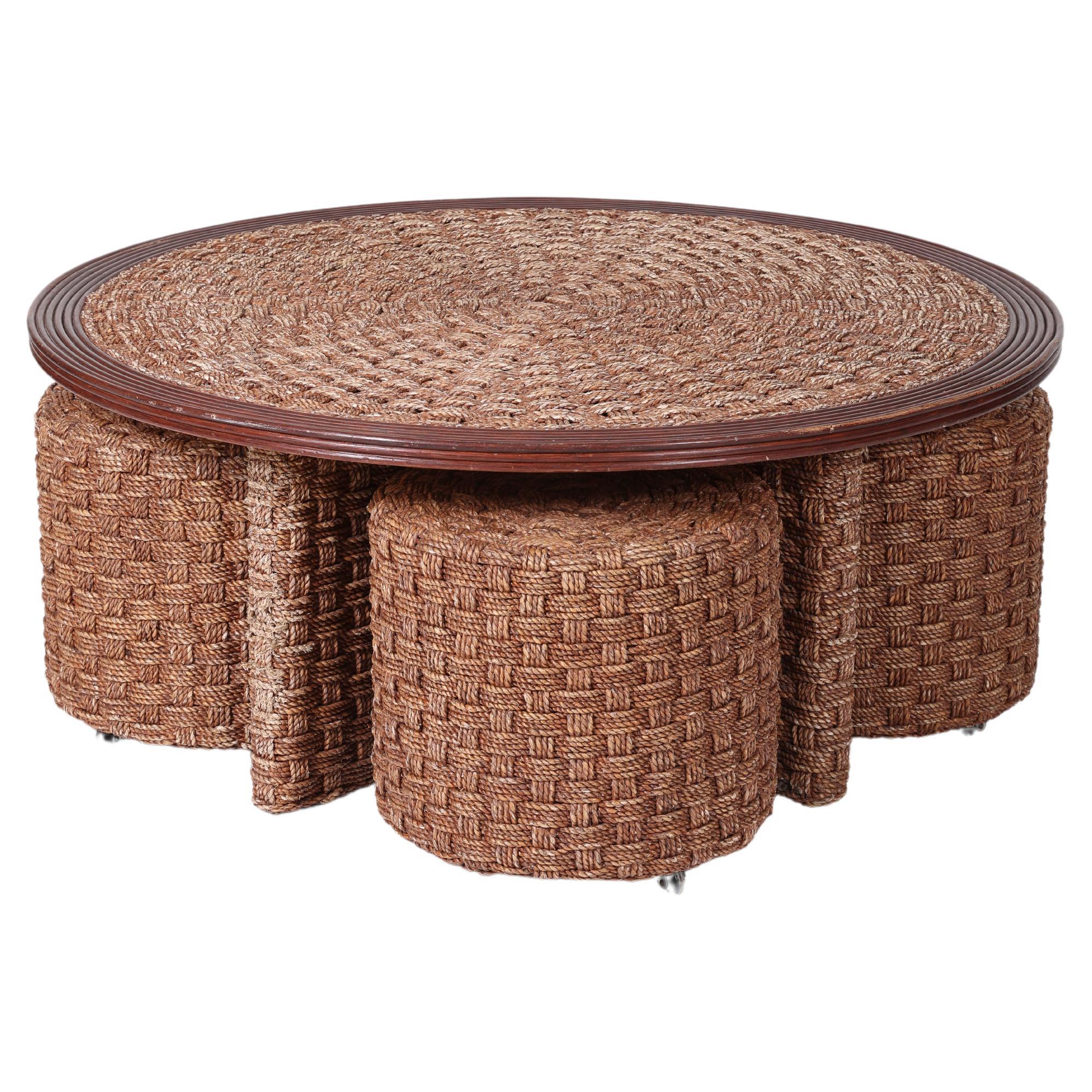 Coffee table and stools in woven rope and wood, mid-20th century