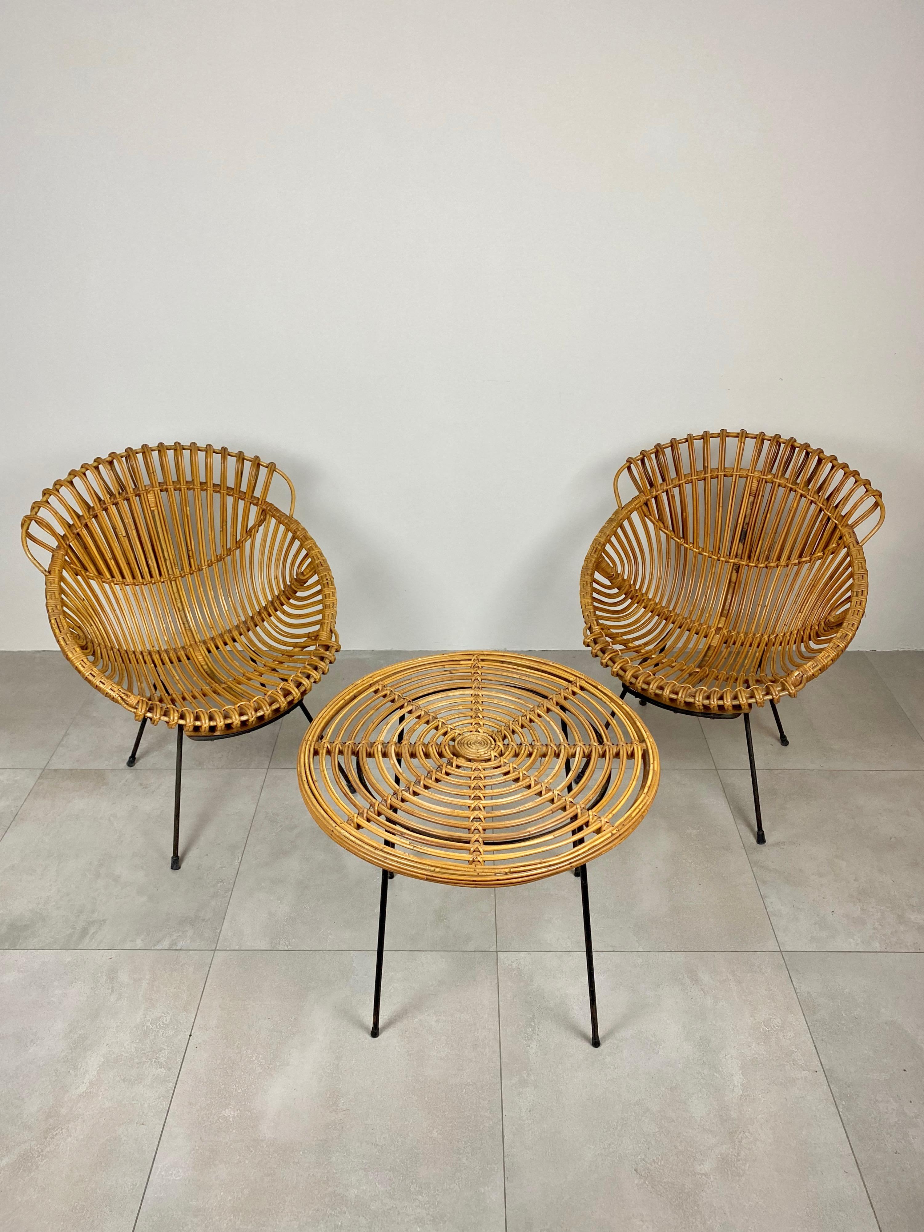 Coffee Table and Two Armchairs in Rattan Wicker and Iron, France, 1960s 5