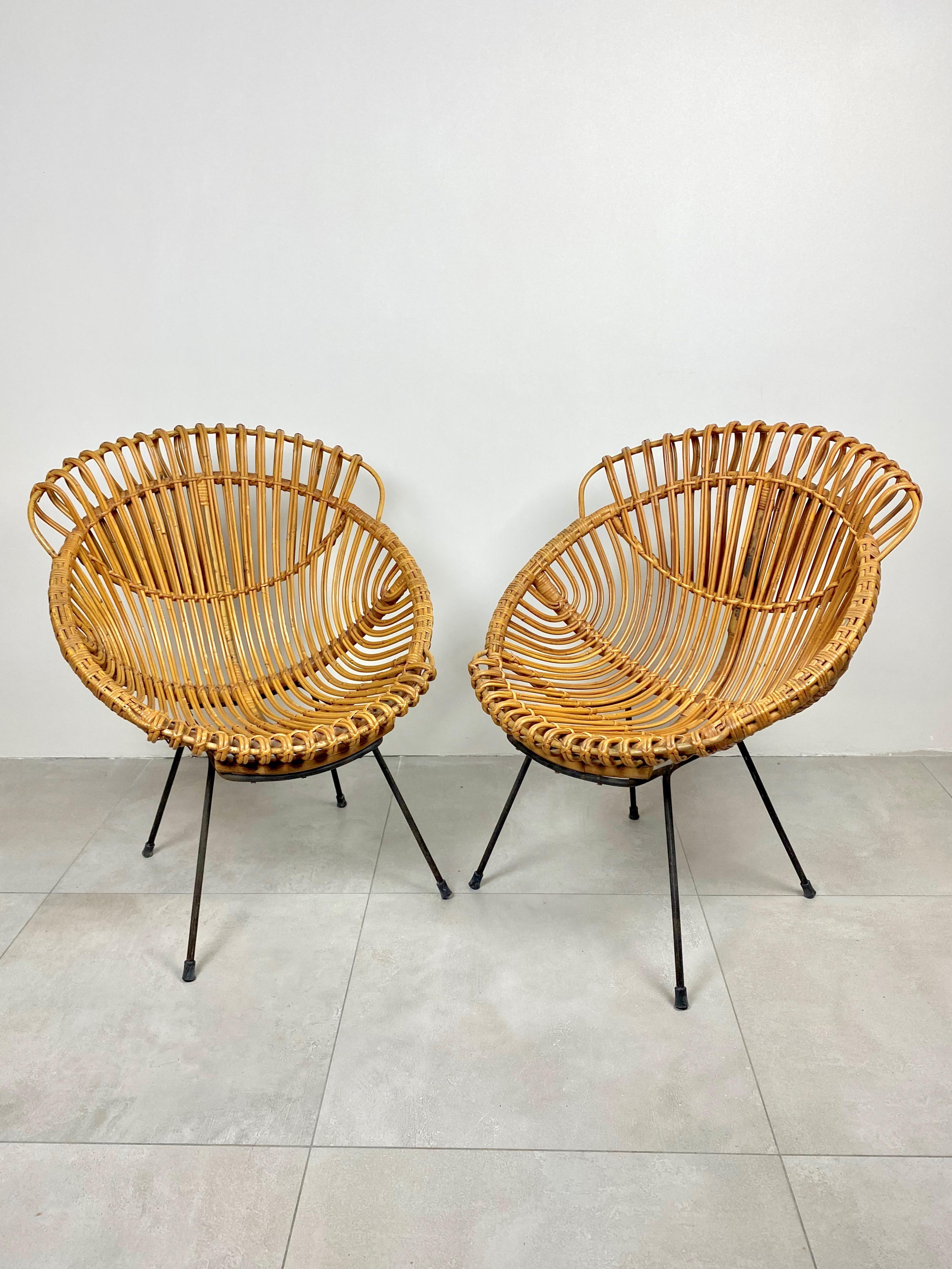 Coffee Table and Two Armchairs in Rattan Wicker and Iron, France, 1960s 6