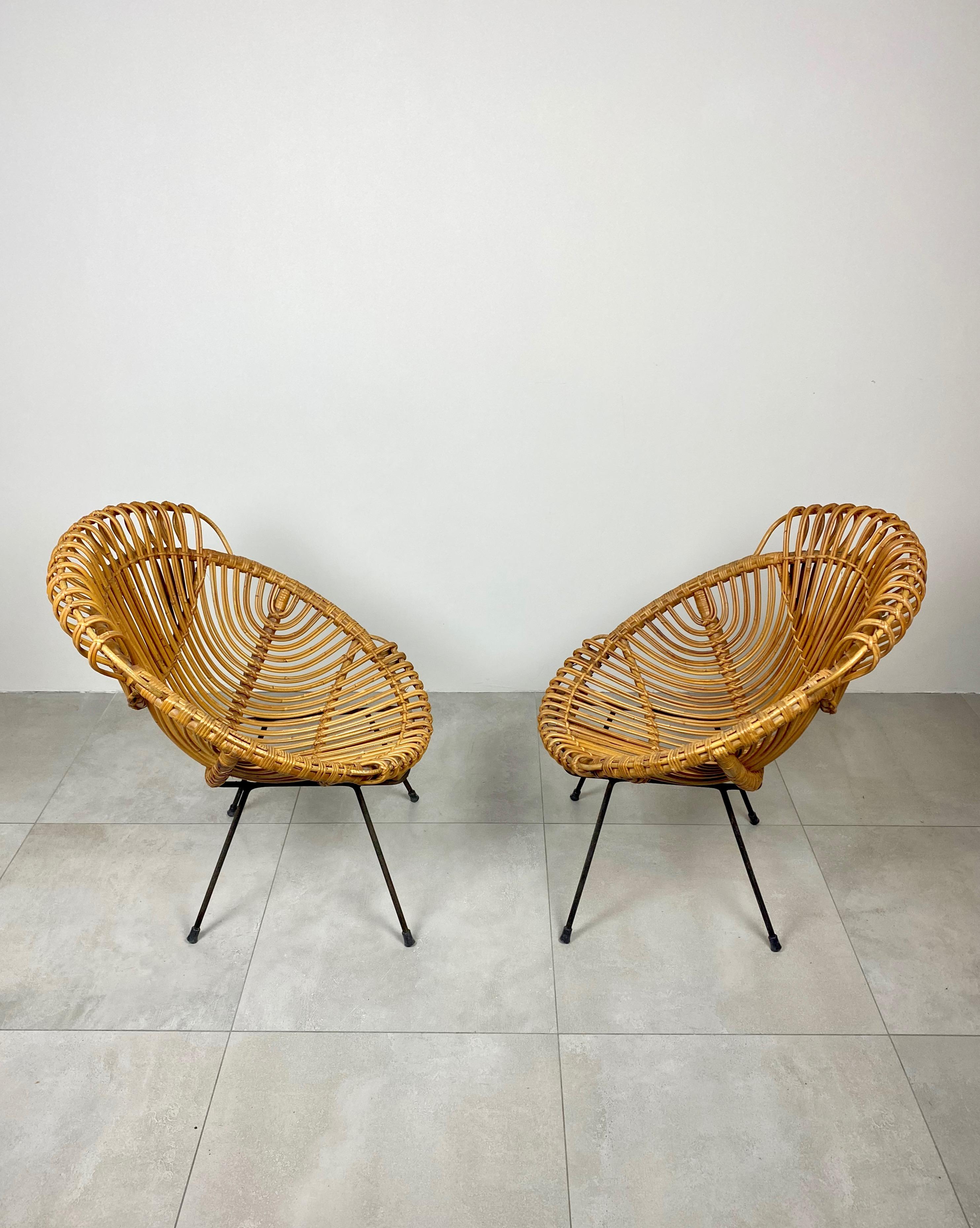 Coffee Table and Two Armchairs in Rattan Wicker and Iron, France, 1960s 7
