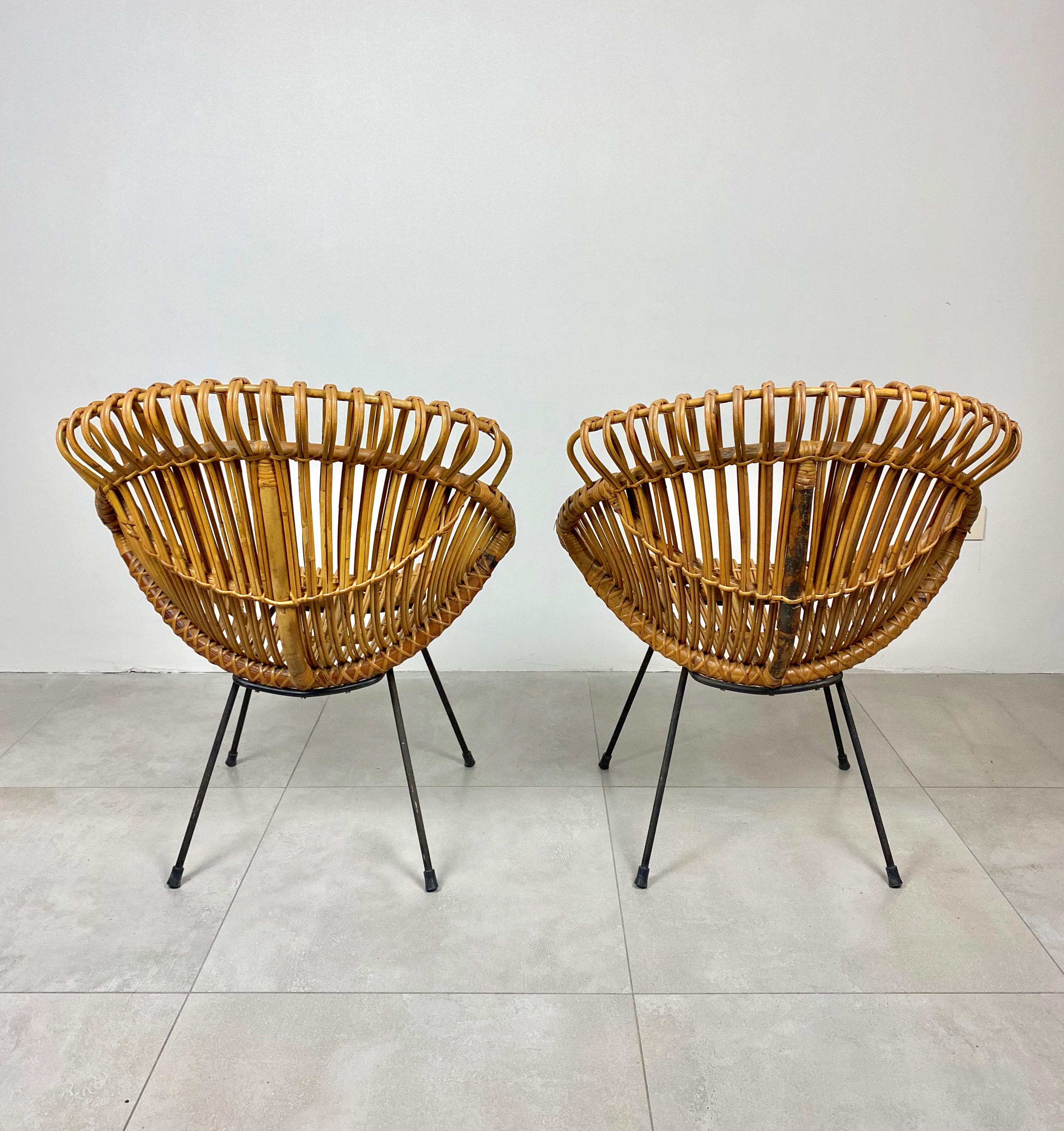 Coffee Table and Two Armchairs in Rattan Wicker and Iron, France, 1960s 8