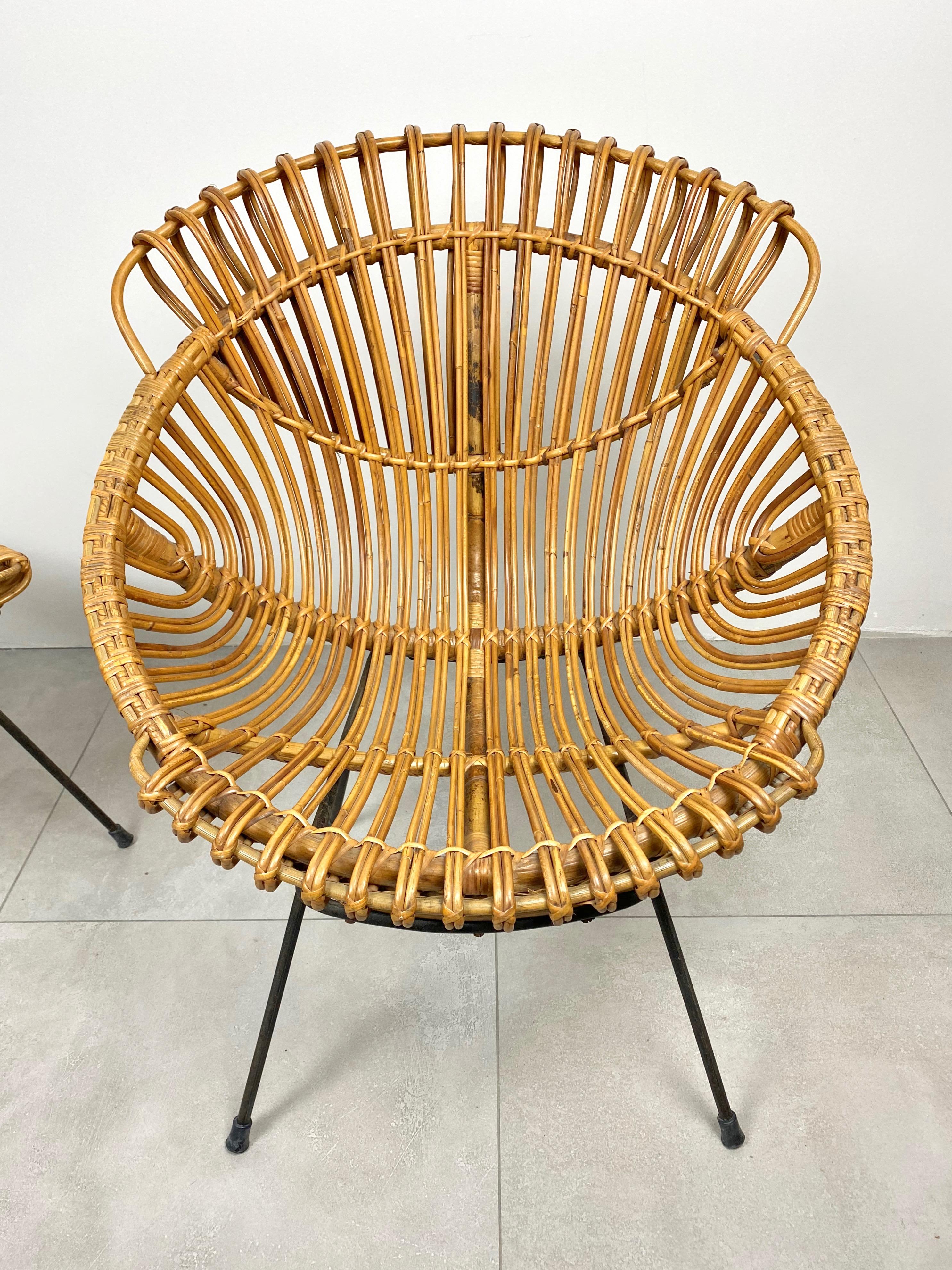Coffee Table and Two Armchairs in Rattan Wicker and Iron, France, 1960s 10