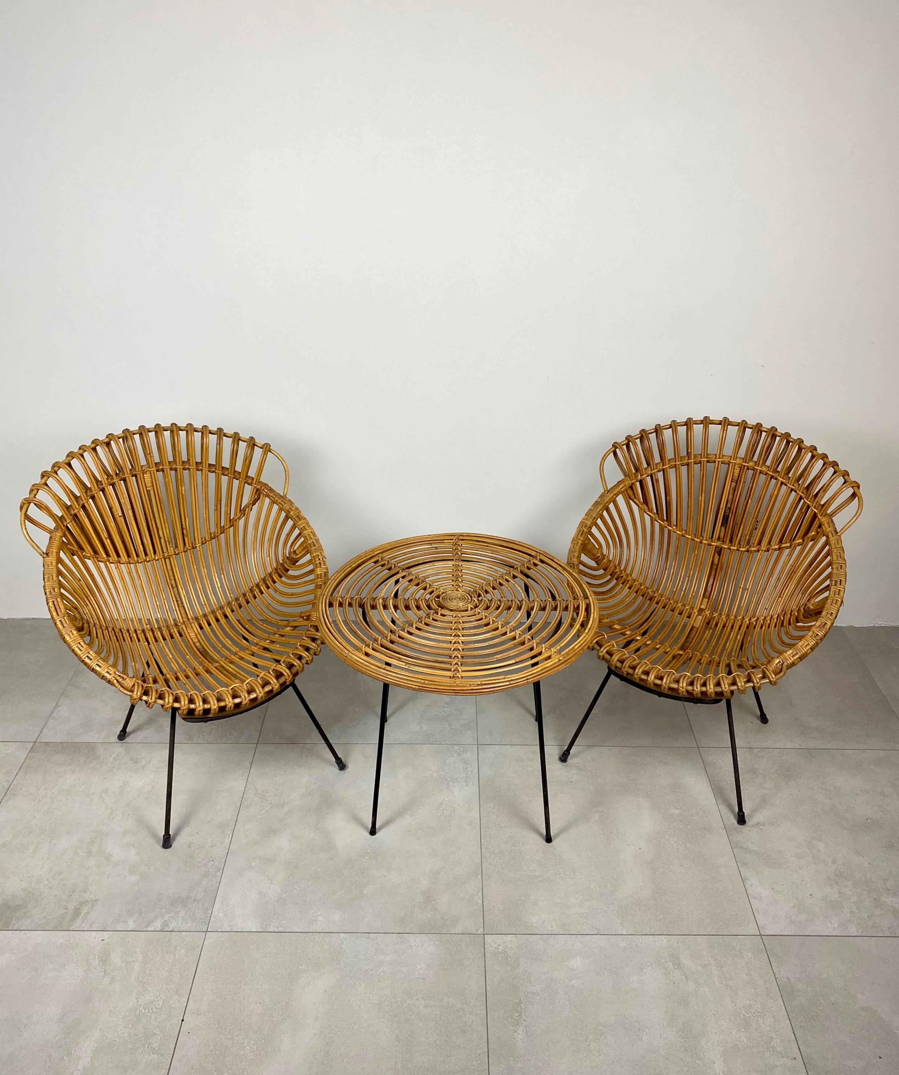 Mid-Century Modern Coffee Table and Two Armchairs in Rattan Wicker and Iron, France, 1960s