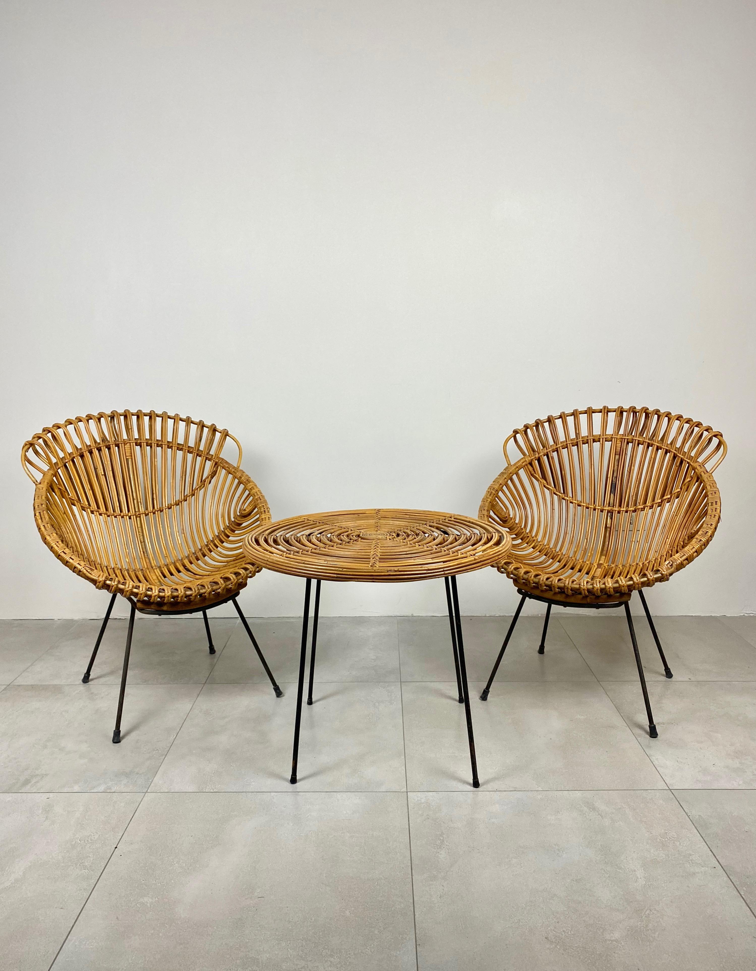 French Coffee Table and Two Armchairs in Rattan Wicker and Iron, France, 1960s
