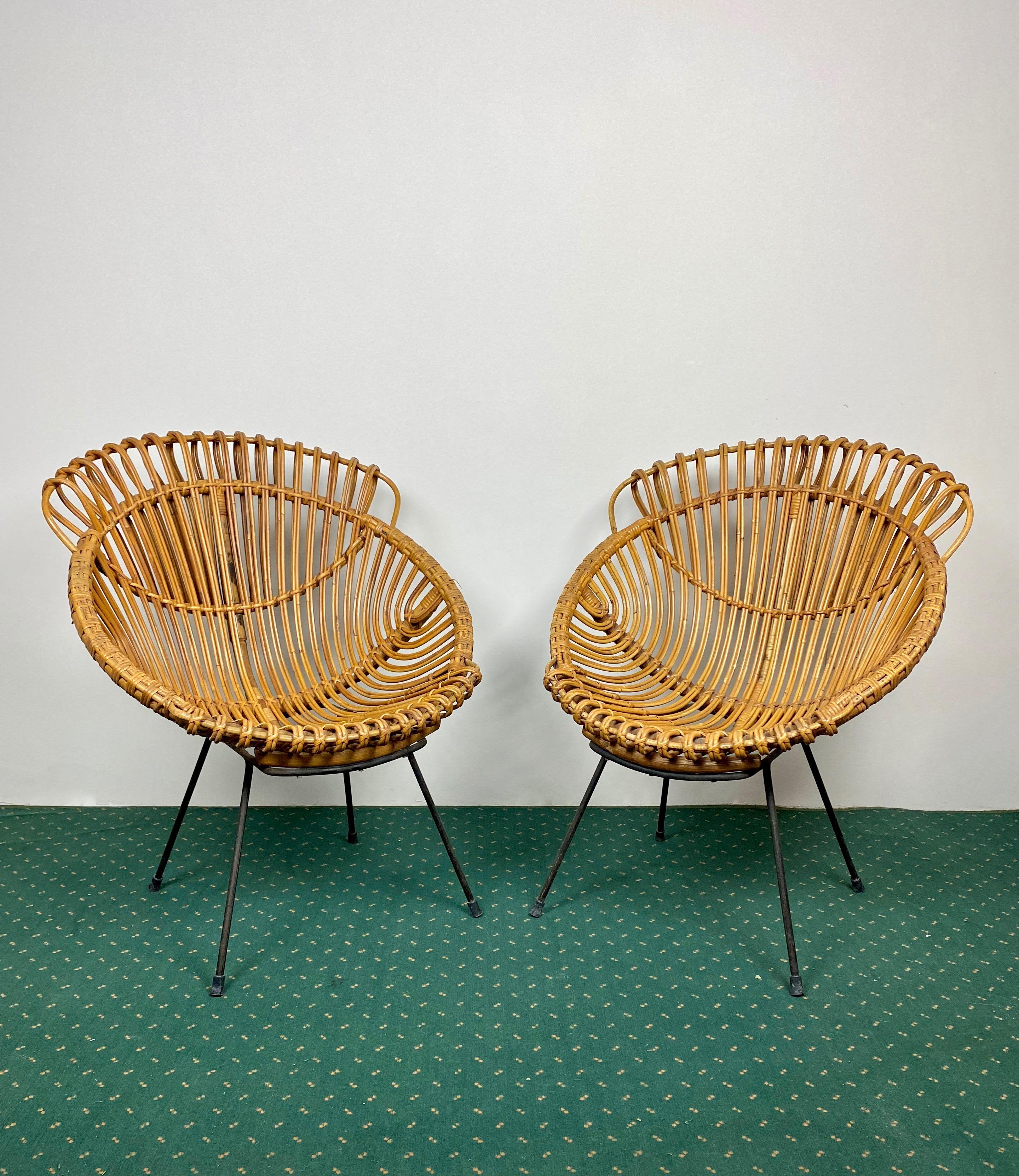 Coffee Table and Two Armchairs in Rattan Wicker and Iron, France, 1960s In Good Condition In Rome, IT