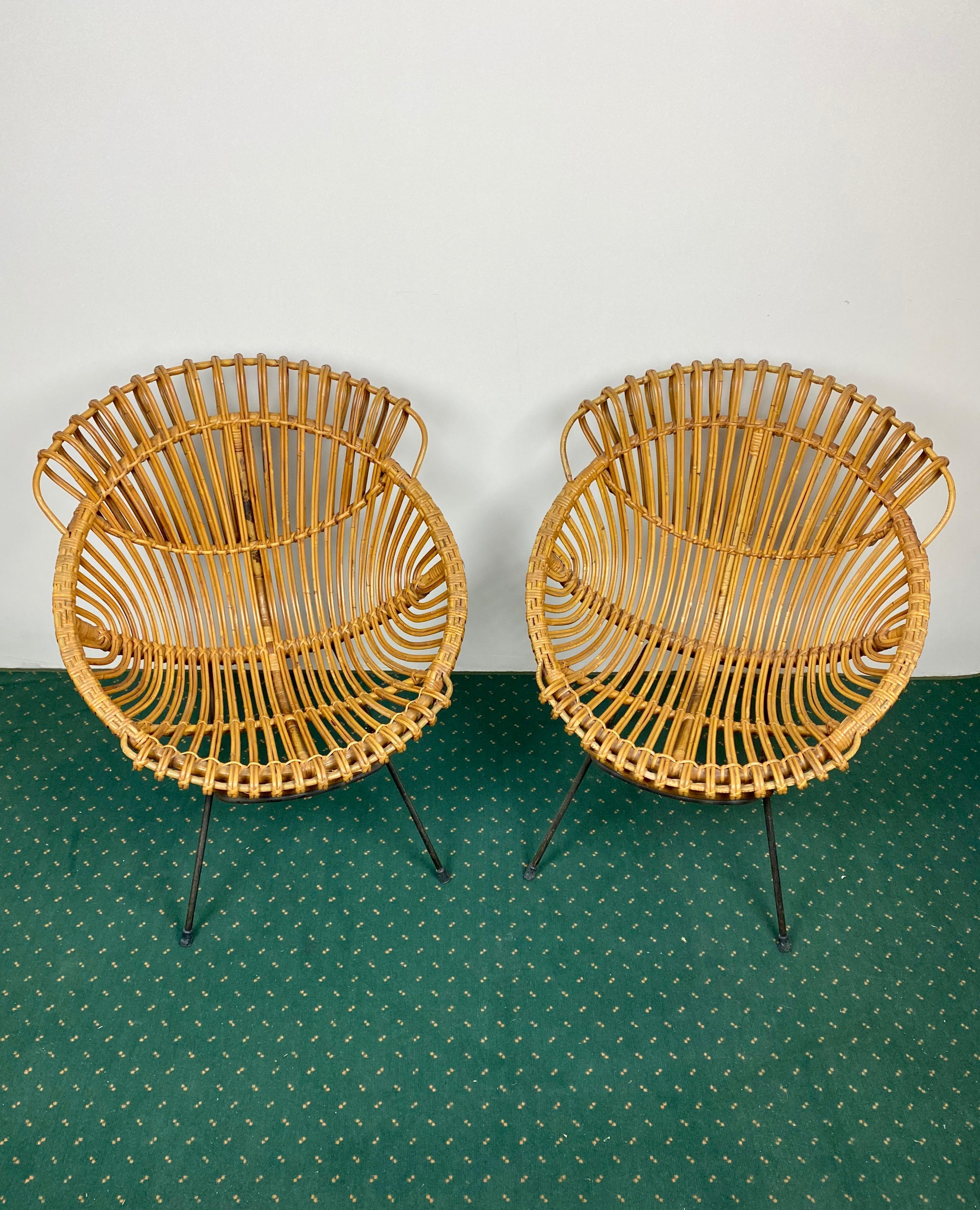 Mid-20th Century Coffee Table and Two Armchairs in Rattan Wicker and Iron, France, 1960s