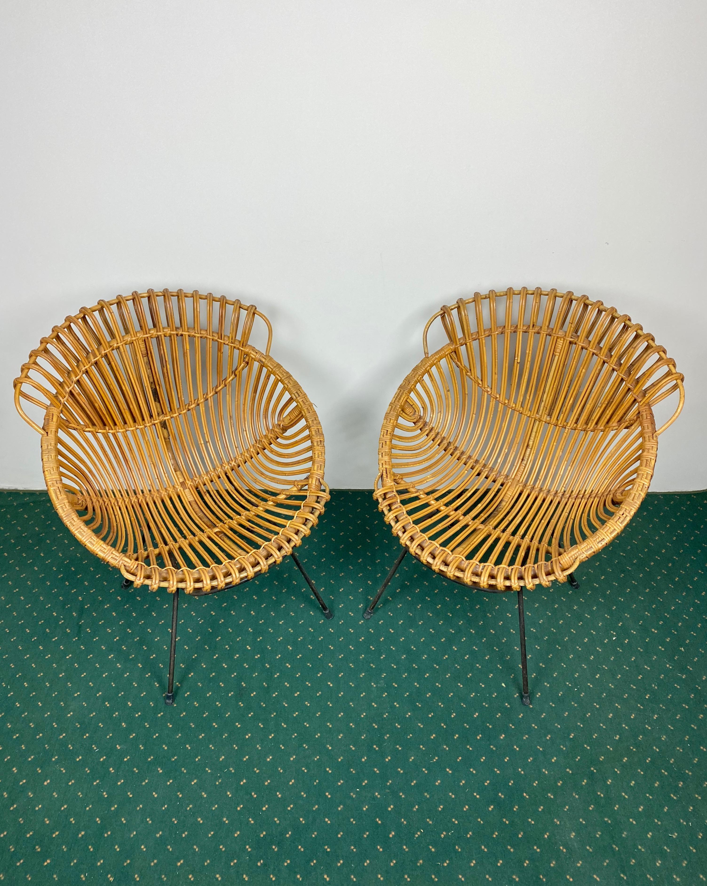 Metal Coffee Table and Two Armchairs in Rattan Wicker and Iron, France, 1960s