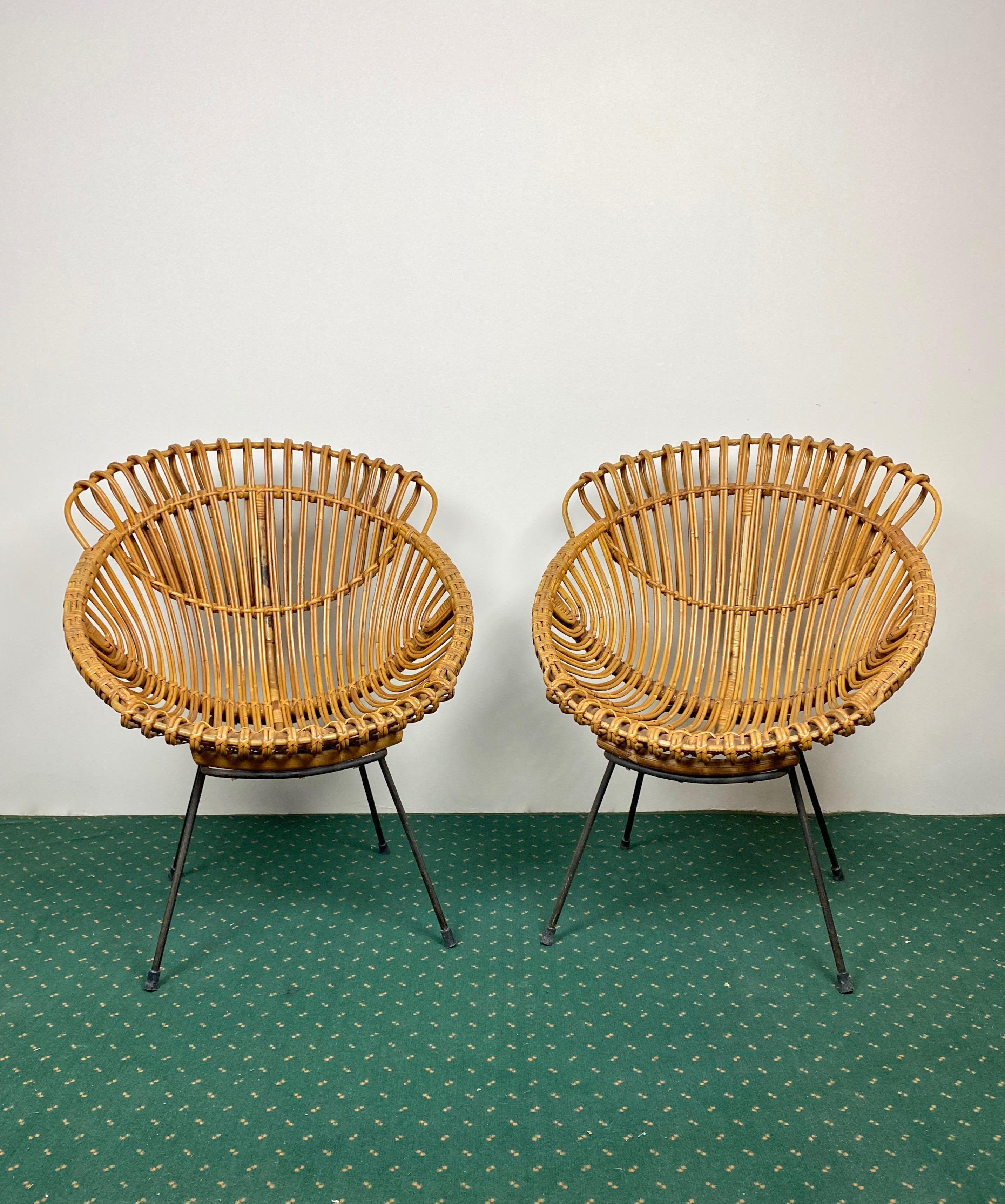 Coffee Table and Two Armchairs in Rattan Wicker and Iron, France, 1960s 1