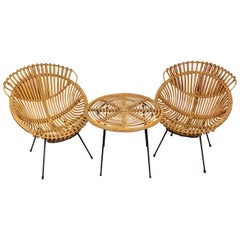 Coffee Table and Two Armchairs in Rattan Wicker and Iron, France, 1960s