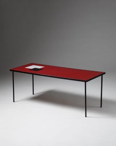 Vintage Scandinavian Coffee Table – Red Laminate and Graphic Inlay, Denmark 1960