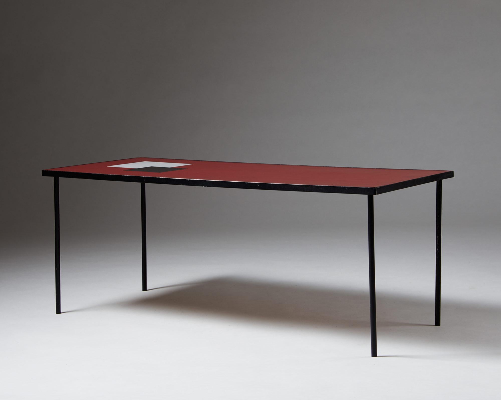 Mid-Century Modern Vintage Scandinavian Coffee Table – Red Laminate and Graphic Inlay, Denmark 1960 For Sale
