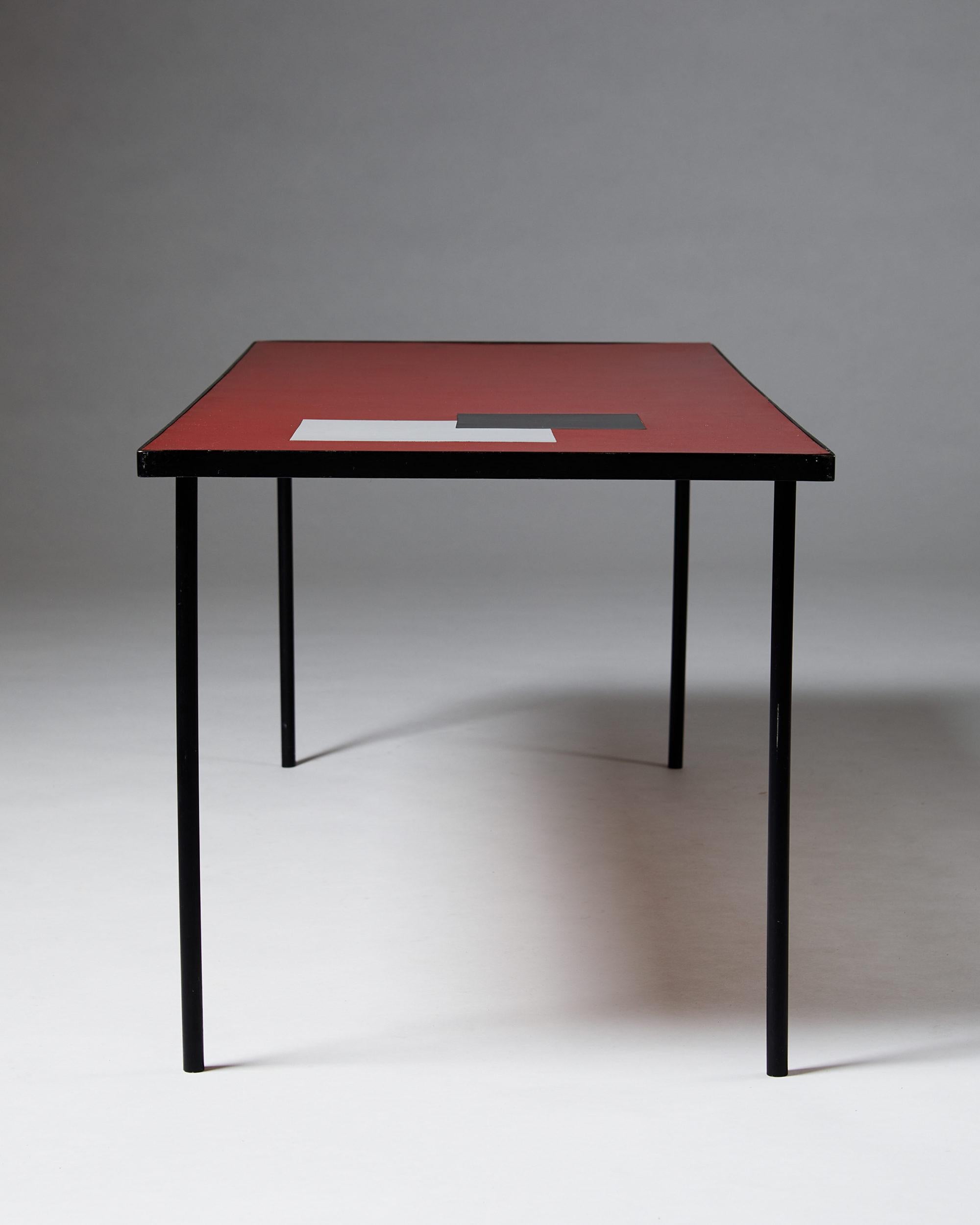 Mid-20th Century Vintage Scandinavian Coffee Table – Red Laminate and Graphic Inlay, Denmark 1960 For Sale