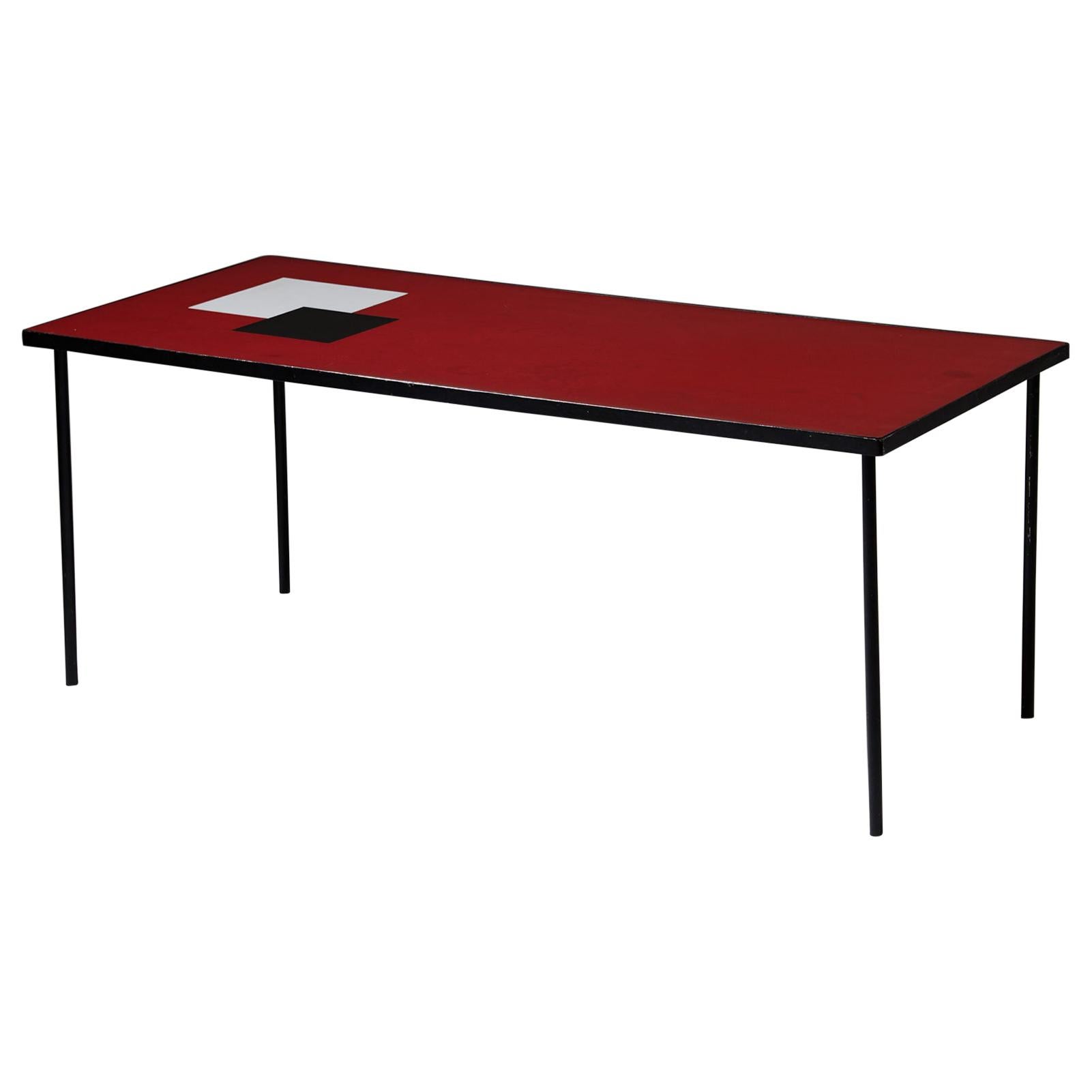 Vintage Scandinavian Coffee Table – Red Laminate and Graphic Inlay, Denmark 1960 For Sale